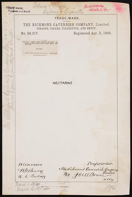 1895 Richmond Cavendish Company Nectarine Tobacco Trademark Registration