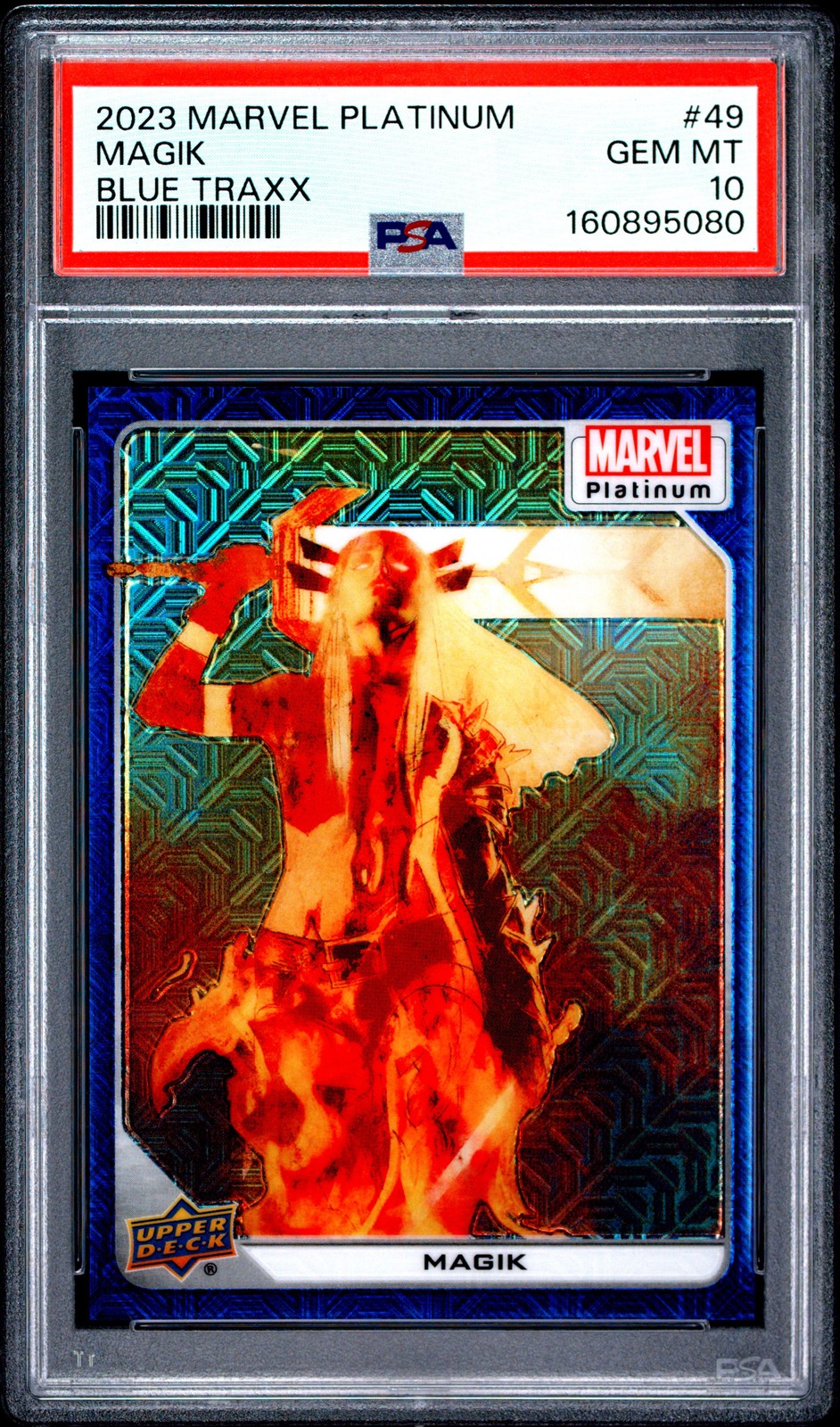 2023 UD MARVEL PLATINUM BLUE TRAXX #49 MAGIK 148/499 PSA 10