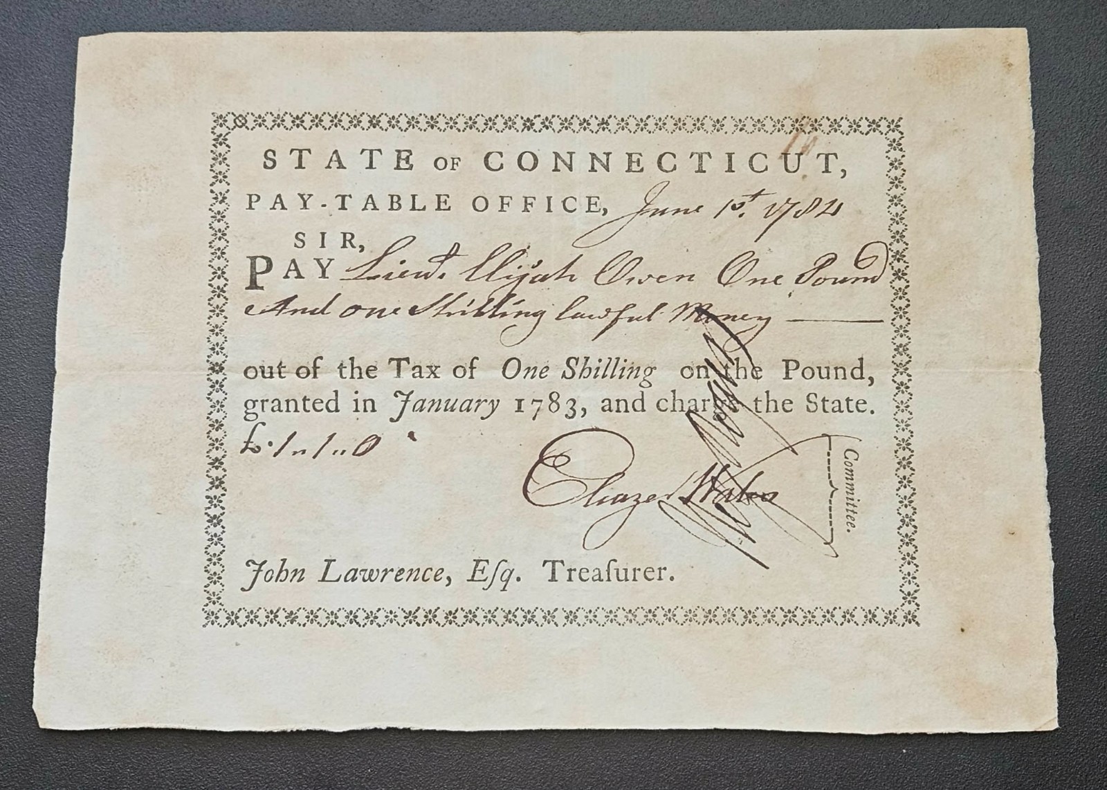 1784 REVOLUTIONARY WAR Colonial Soldier Pay Order Connecticut One Pound Shilling 1784 REVOLUTIONARY WAR Colonial Soldier Pay Order Connecticut One Pound Shilling