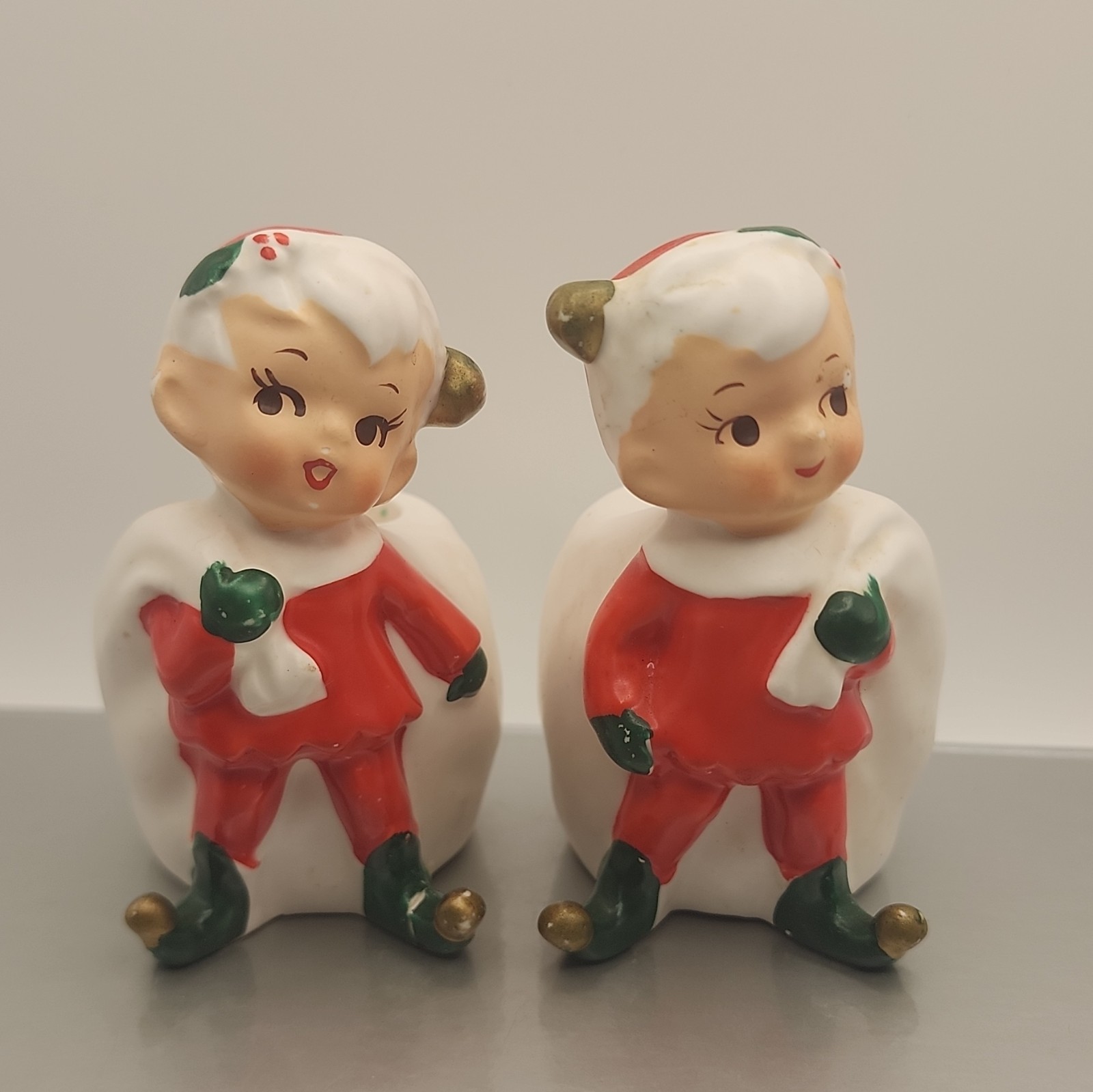 Vtg 1950s Napco Christmas Elf Pixie X-6969 Candle Holders -2 Ceramic Foil Label