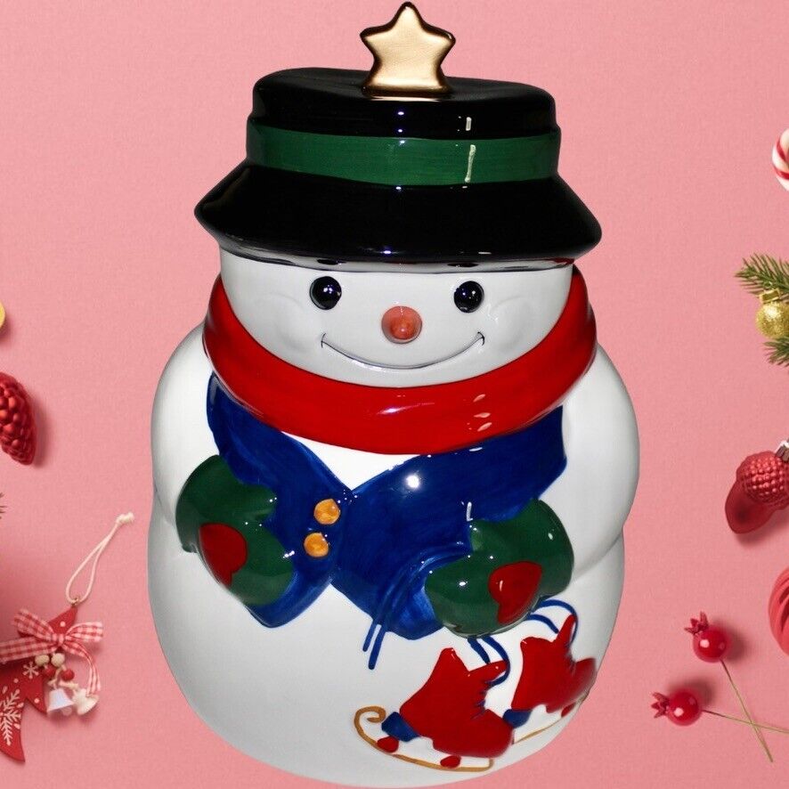 Vintage Christmas Holiday Cookie Jar Snowman Allure 1998 Hand Painted Ceramic
