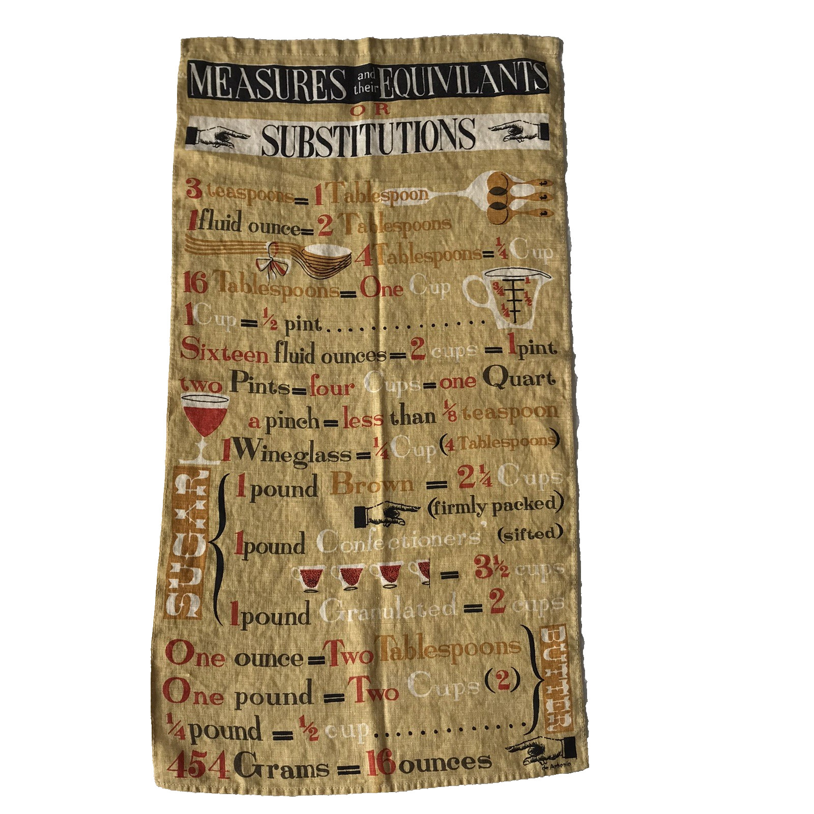 Vtg \'50s Lois Long de Antonio Linen Tea Towel Baking Substitutions Vibrant Color