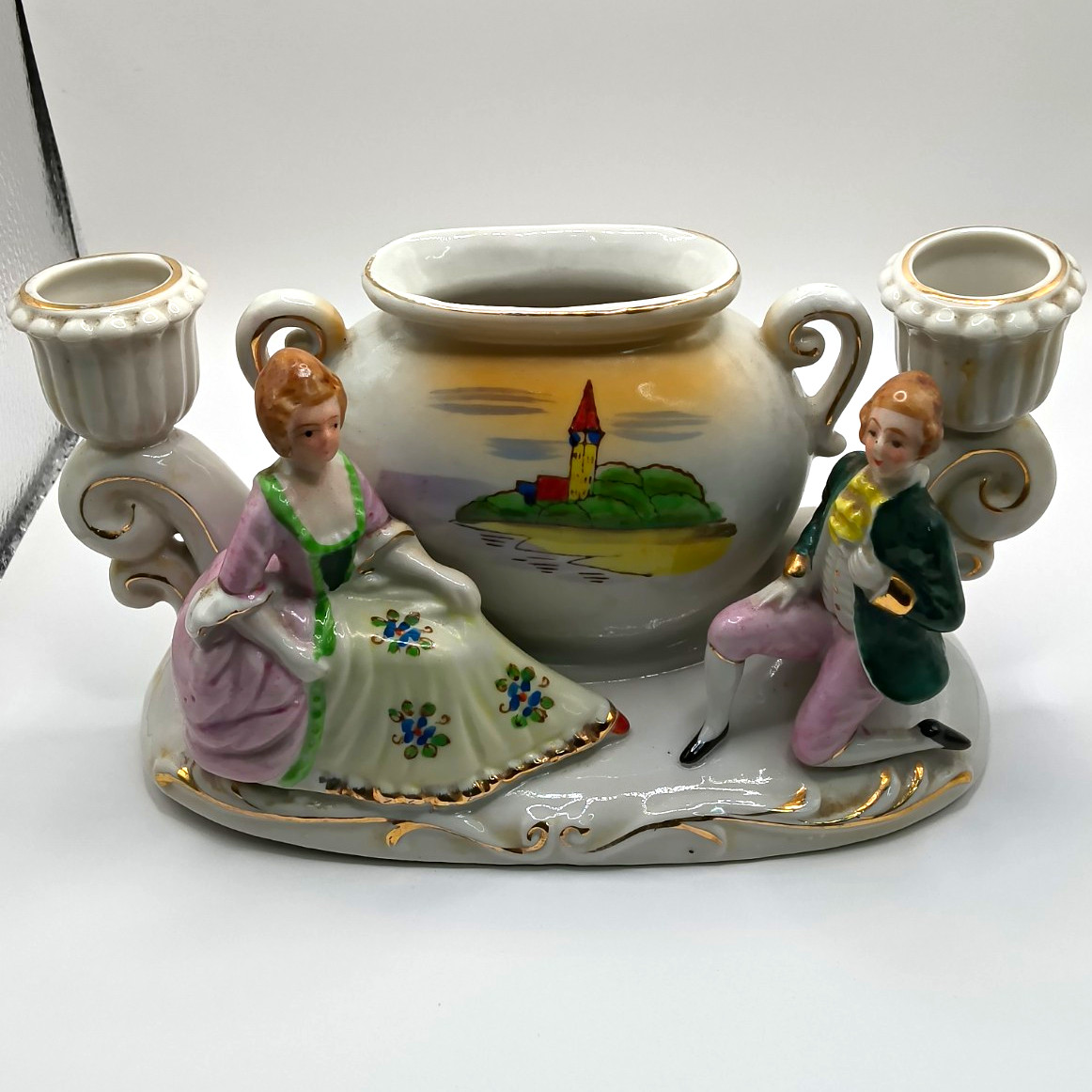 Hand Painted Porcelain Romantic Couple Figural Double Taper Candle Holder 7in