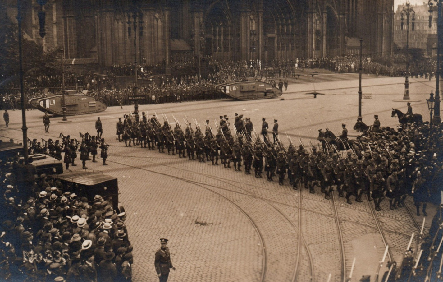 WWI British Army Tank Soldiers Germany Cologne Cathedral Real Photo Postcard