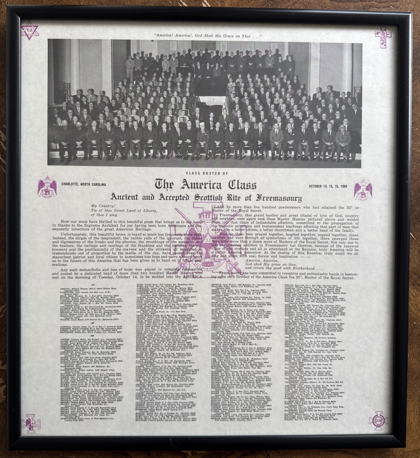 1969 Scottish Rite Masonic “America Class” Certificate Charlotte NC Framed