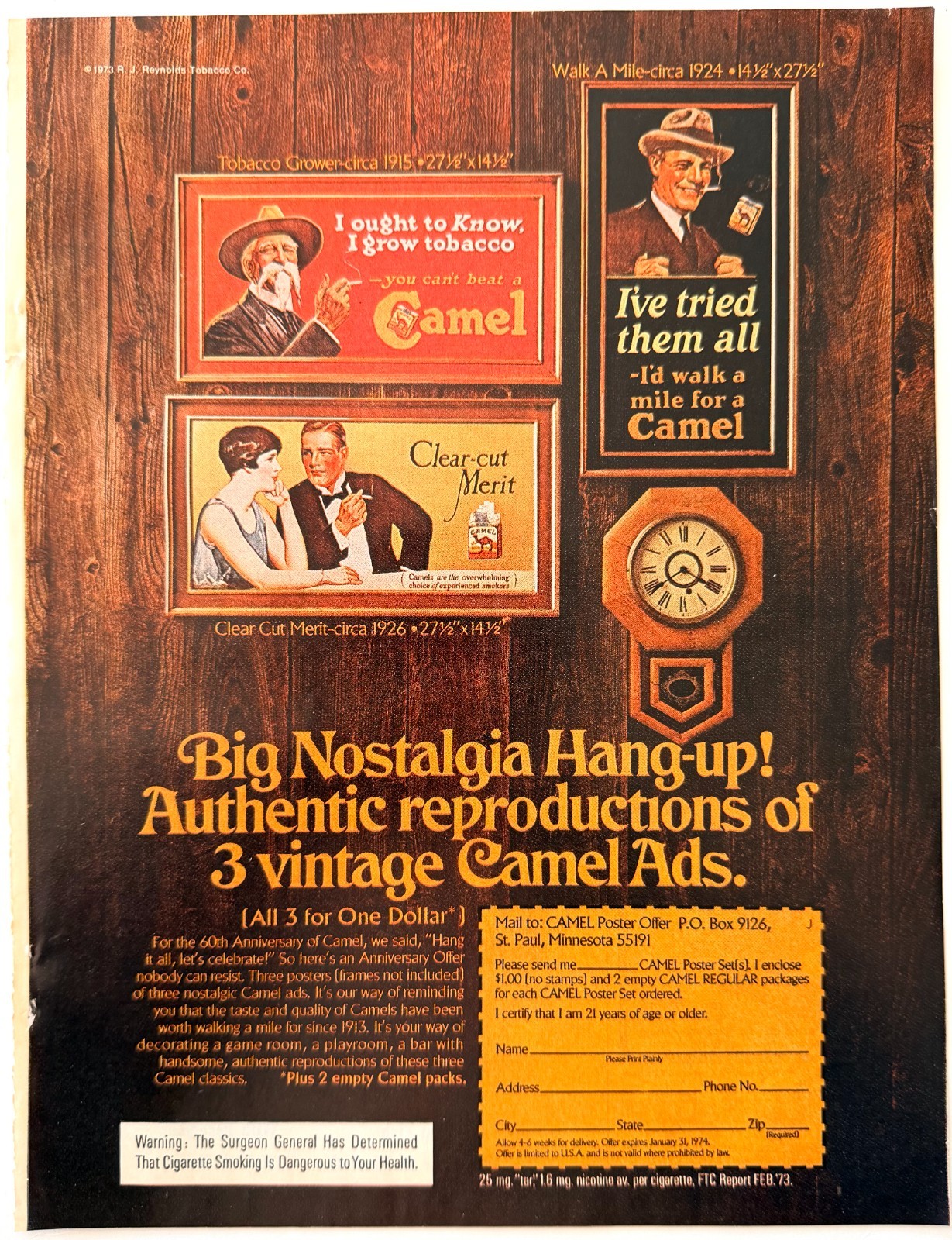 1973 Camel Cigarettes Advertisement Vintage Tobacco Smoking Nostalgia Hang Ups
