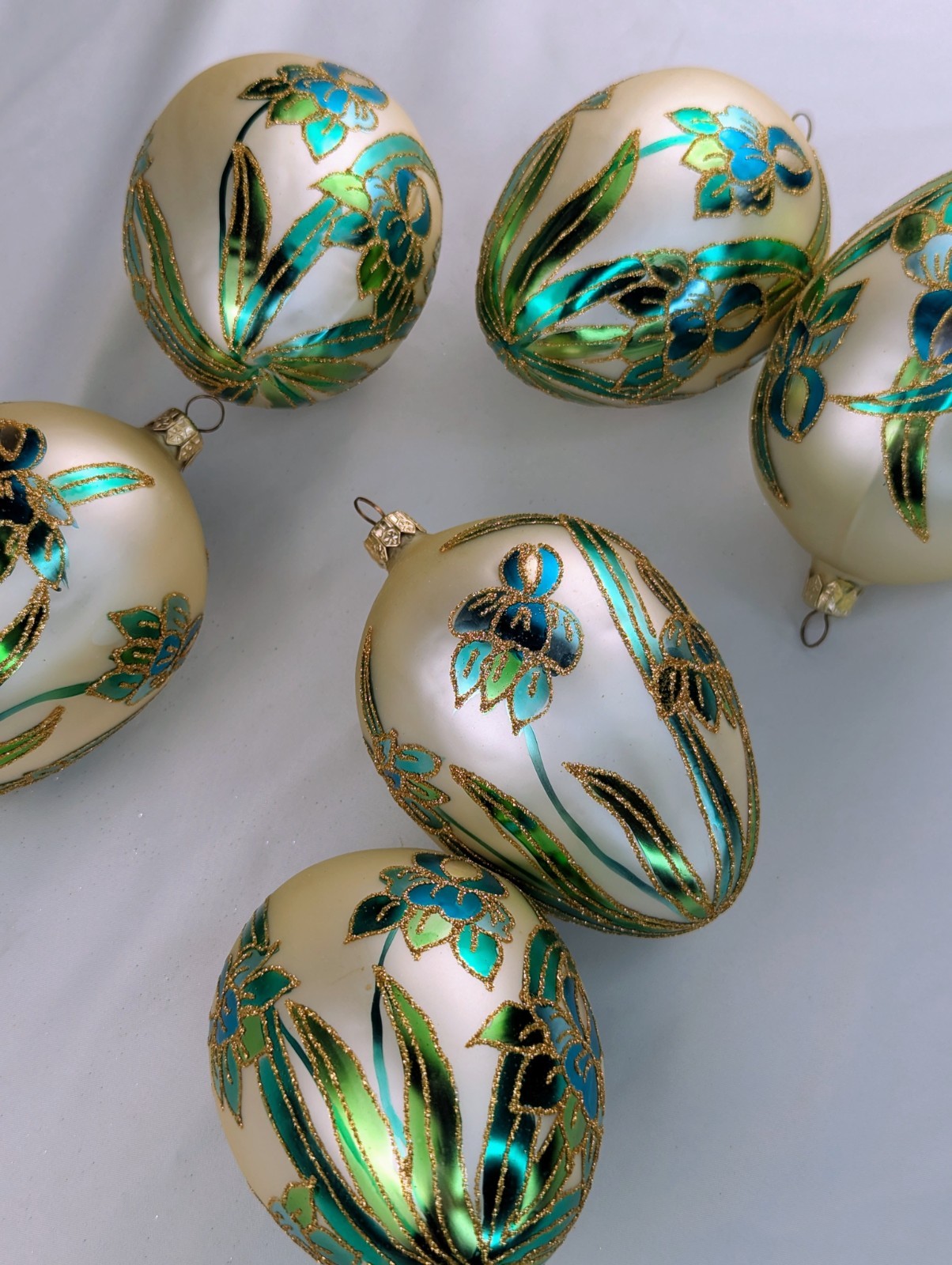 Vintage Polish Glass Egg Ornaments Set of 6 Hand Painted Iris Flowers 5\