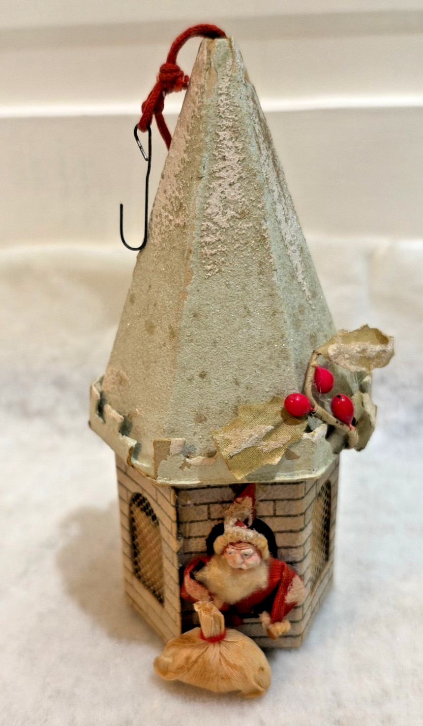 Rare Antique early 1900's Paper Mache Santa in a Small Tower  7