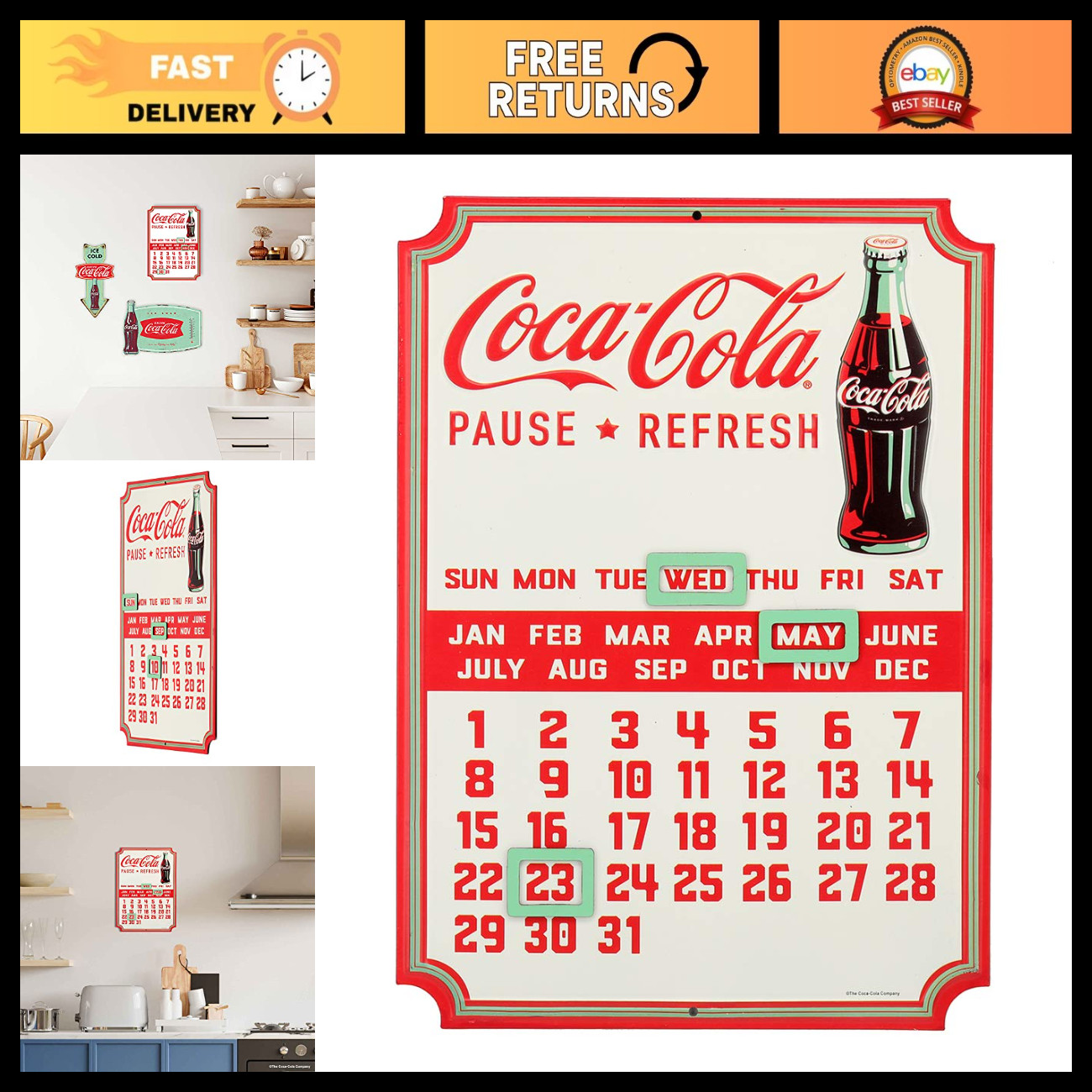 Vintage Embossed Metal Calendar - Coca-Cola Style Wall Decor, Retro Home Art