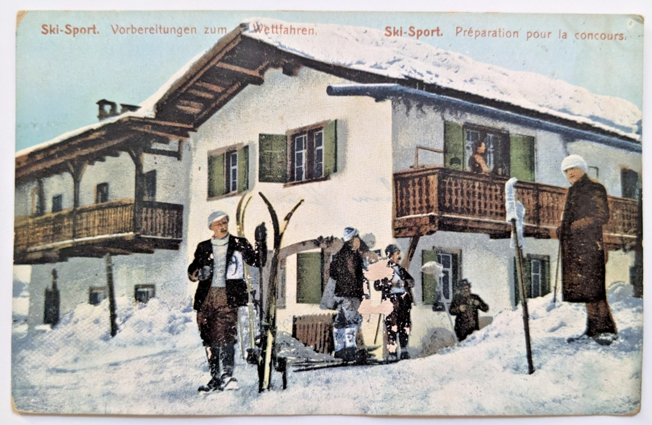Antique 1910s European Postcard Early Alps Alpine Skiing Winter Sports Scene