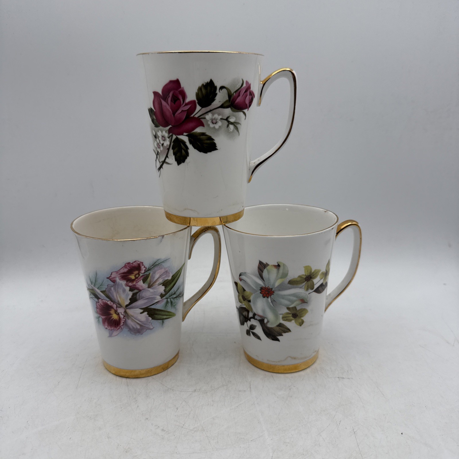 Vintage Royal Victoria Fine Bone China Floral Mugs England Set Of 3 READ