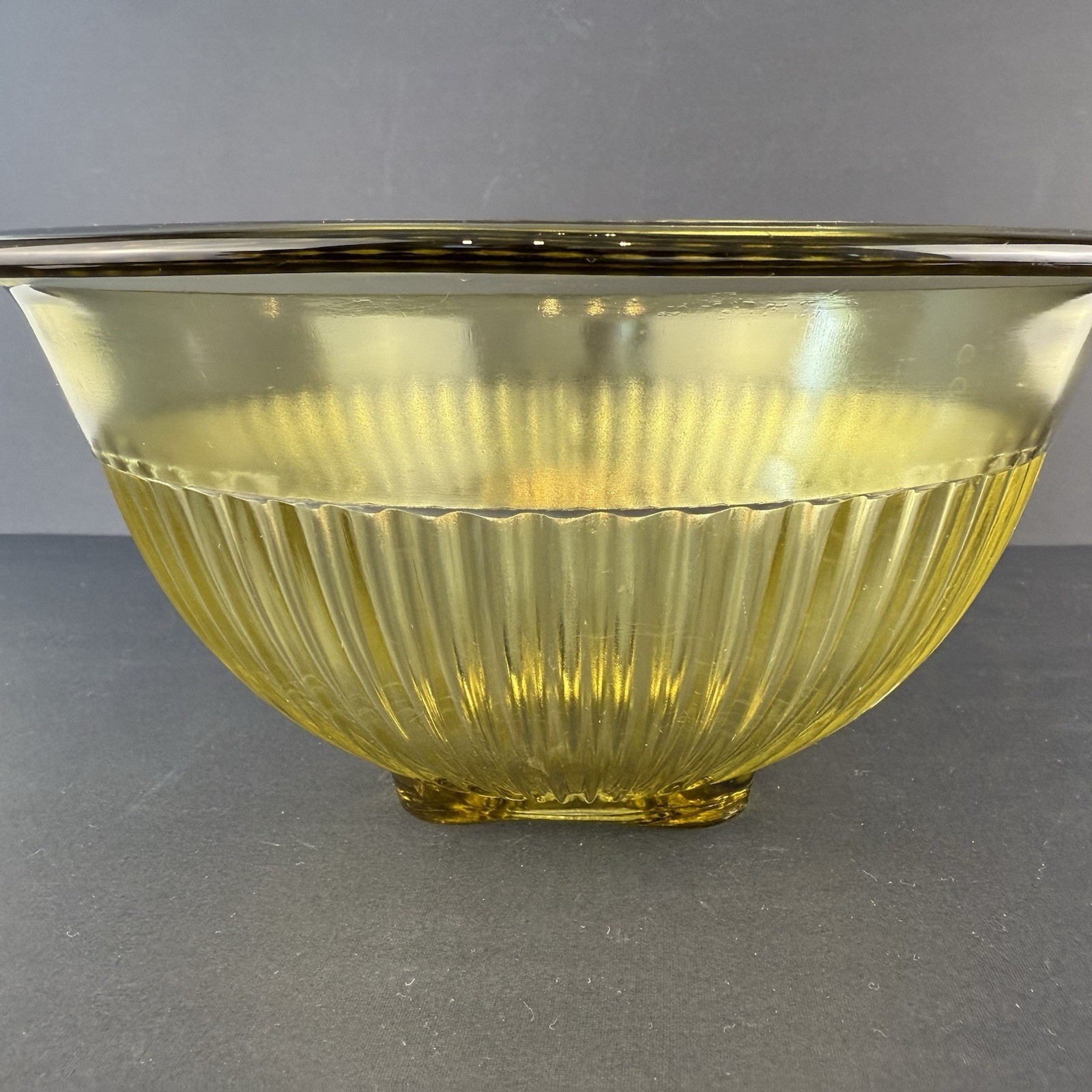 1940s-50s Federal Glass Amber Ribbed Mixing Bowl 11 5/8” Large Square Base.