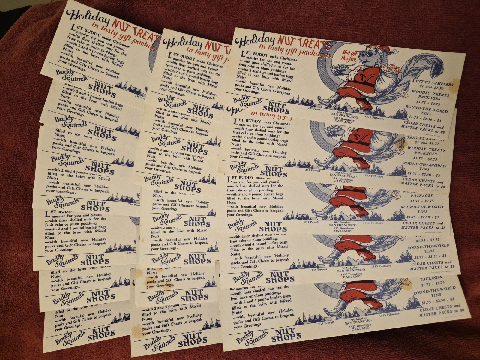 Vintage Buddy Squirrel's Nut Shops Blotters/Ad Cards circa 1940 lot of 19 - NOS