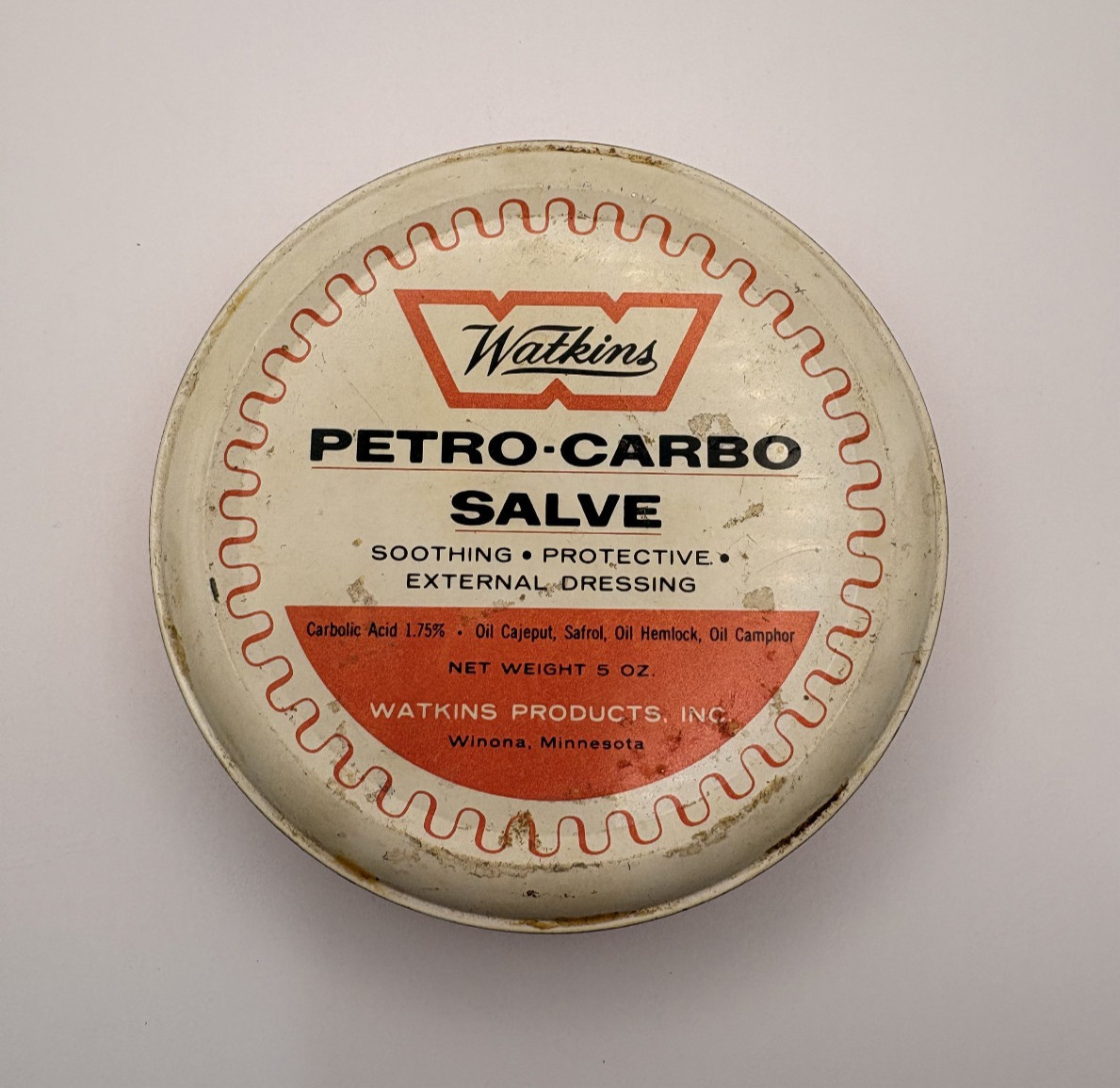 Vintage Watkins Petro-Carbo Salve Metal Tin 5 Oz Cut Burn Chaffing 95% Full