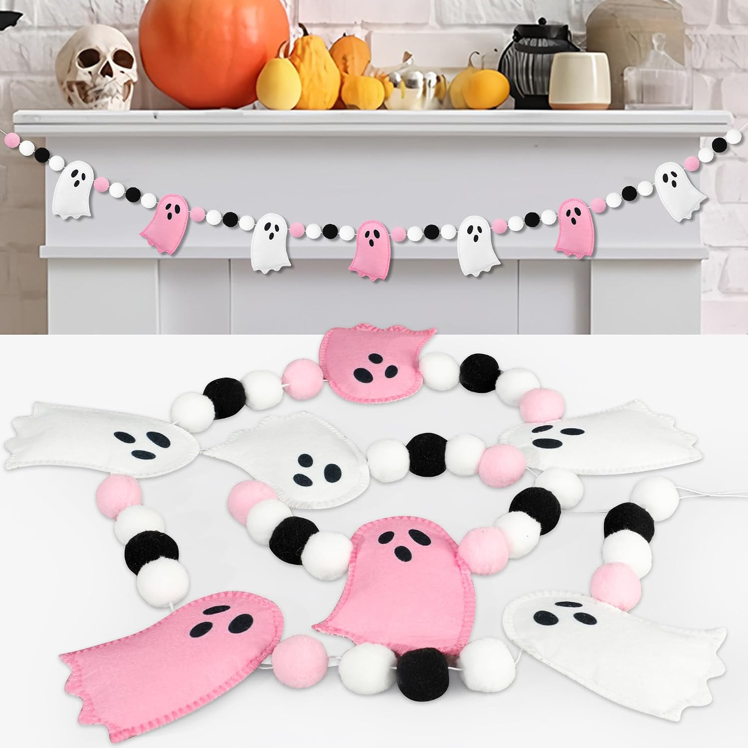 8.2 Ft Halloween Ghost Felt Banner Cute 3D Ghost Ball Garland Pre-Strung Pink Wh