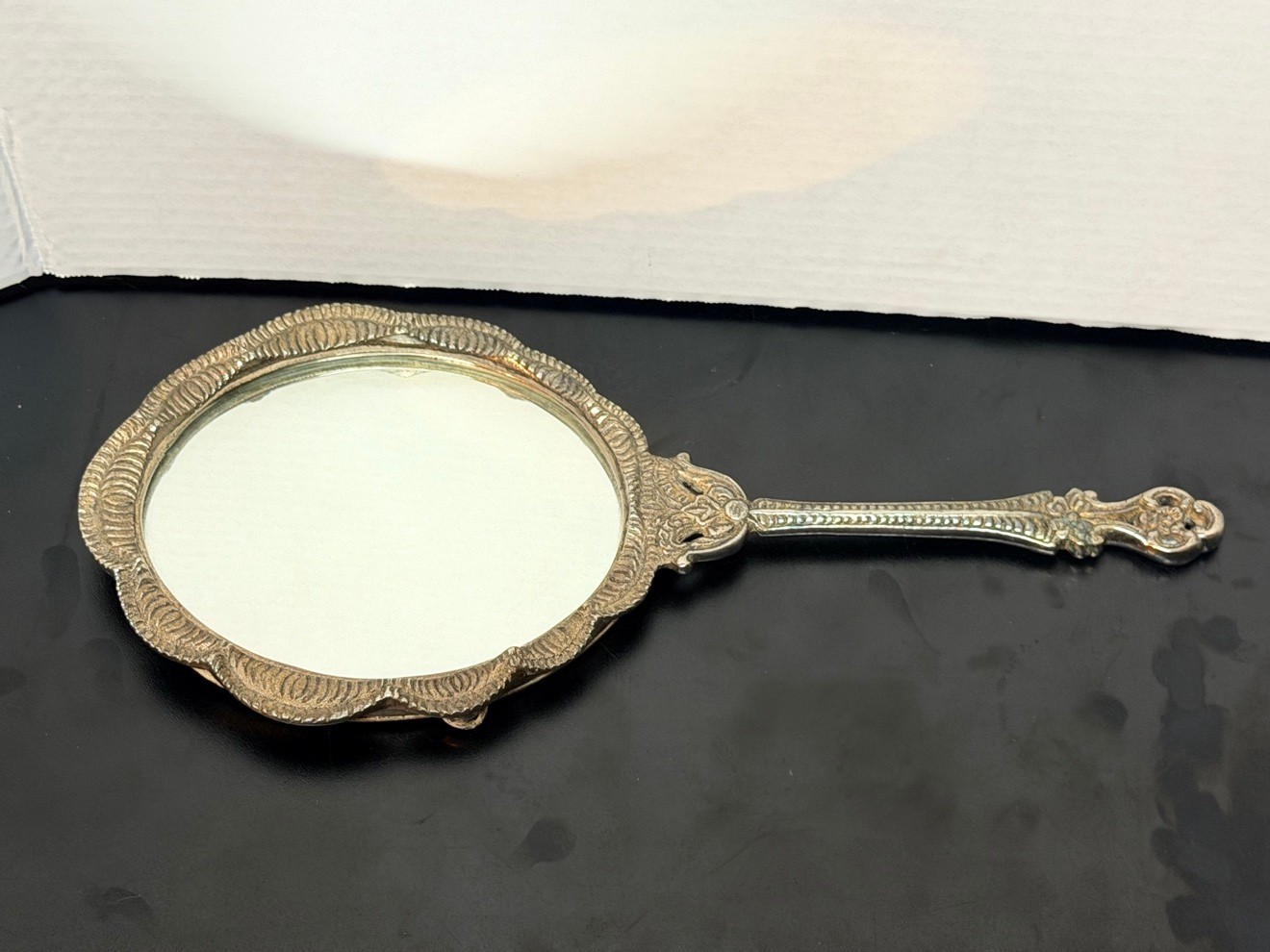 Vintage Ornate Silver Plate Hand Mirror Beveled Vanity Mirror Floral Handle 12in