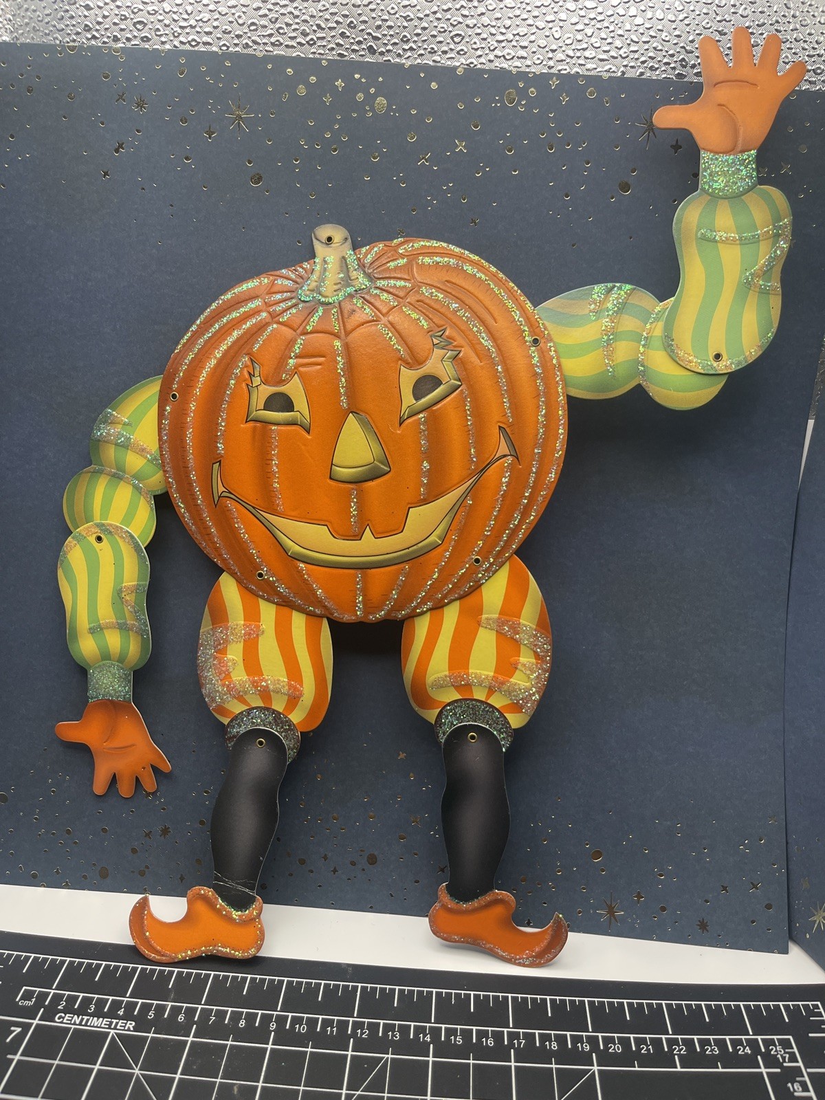 Vintage 2001 Christopher Radko Shiny Brite Jointed Pumpkin Man Halloween 11”