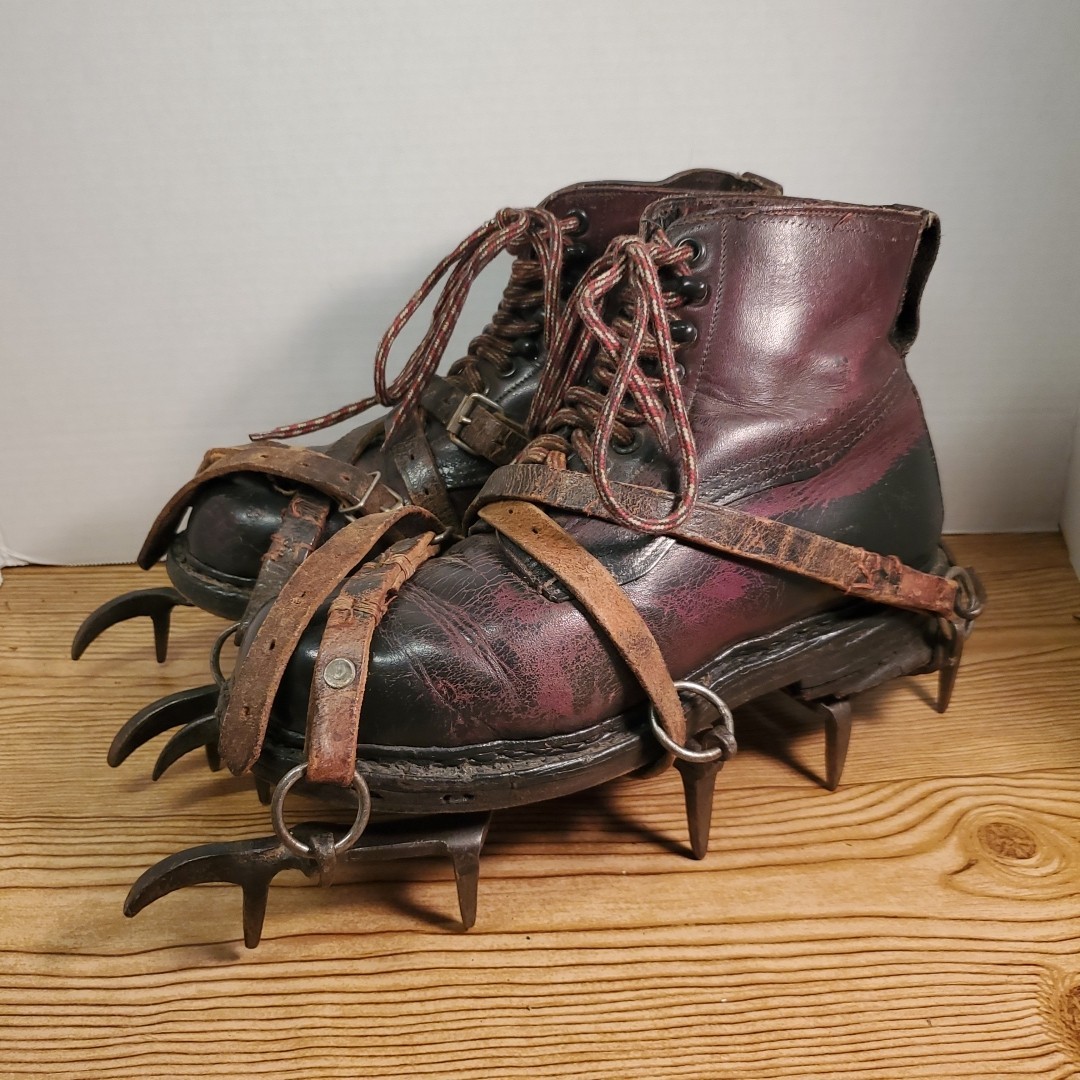 Antique Eckenstein 12 Point Crampons & Leather Boots VTG Climbing Gear RARE 