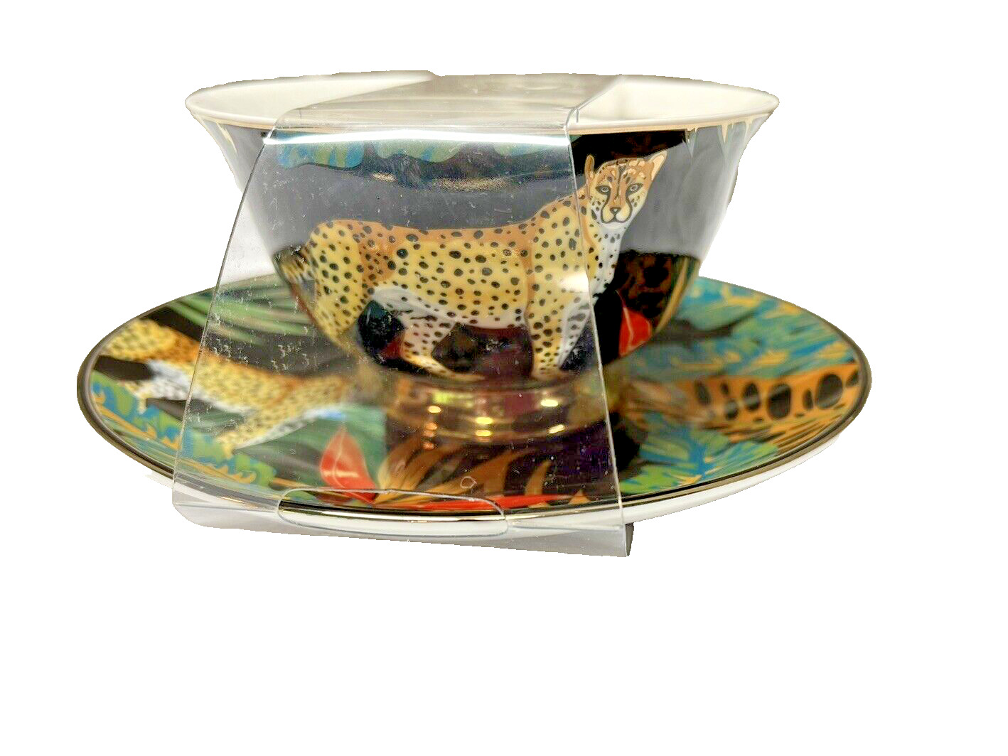 Grace Teaware Tea Cup & Saucer BLACK Leopard Butterfly Motif Painted Gold Handle