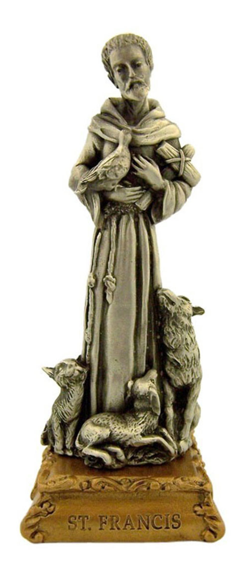 Pewter Saint St Francis of Assisi Figurine Statue on Gold Tone Base, 4 1/2 Inch