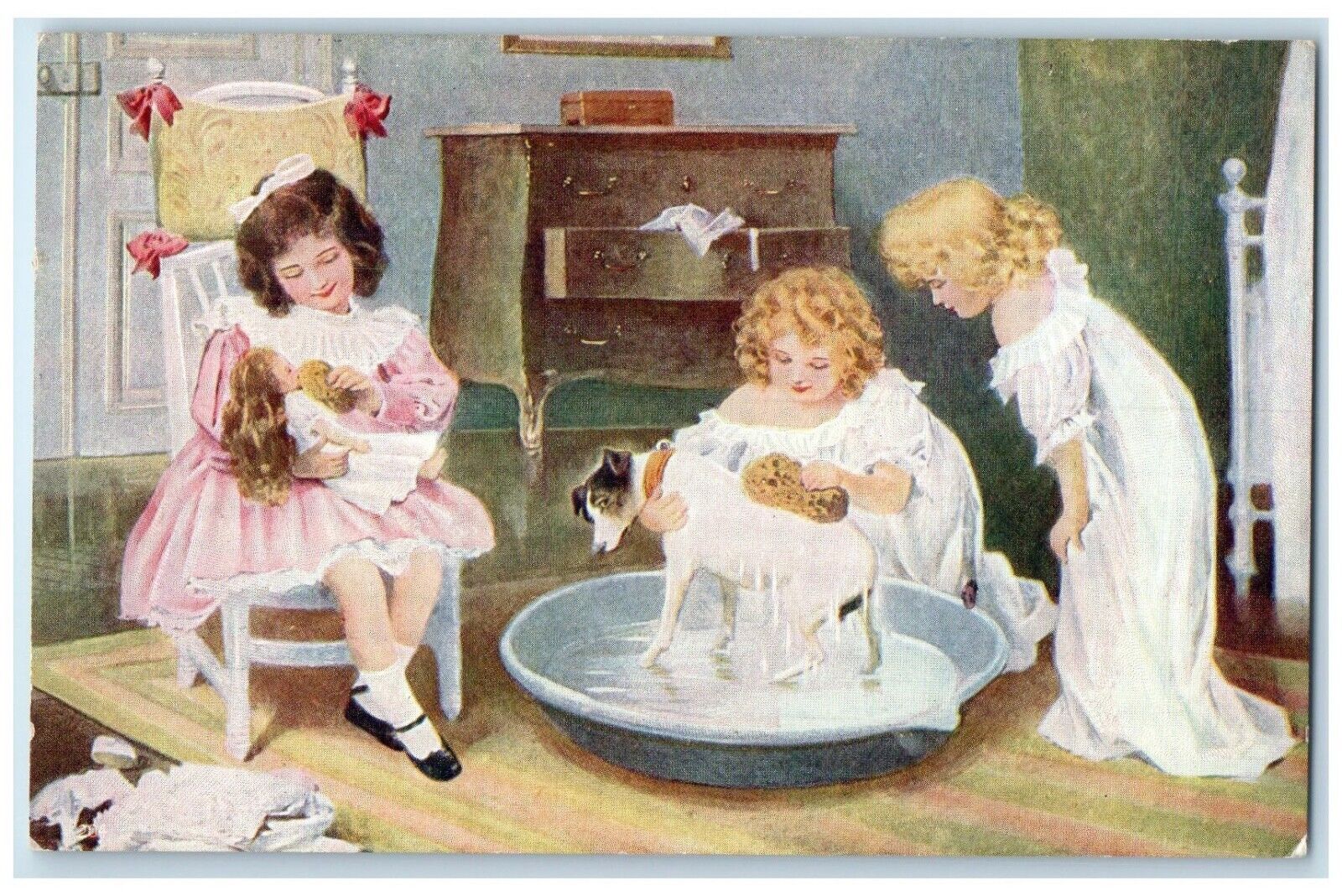 c1910\'s Children Girls Playing Doll And Bathing Dog Unposted Antique Postcard