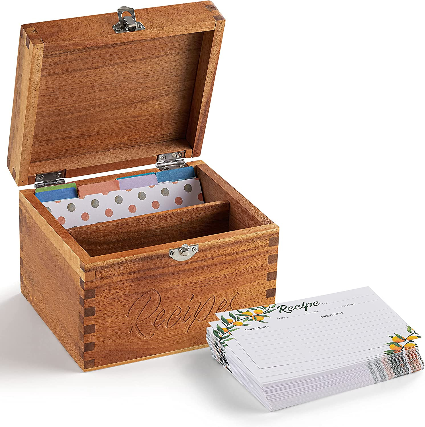 Tidita Acacia Wood Recipe Box with Cards - Blank Recipe Box Wooden Set Come