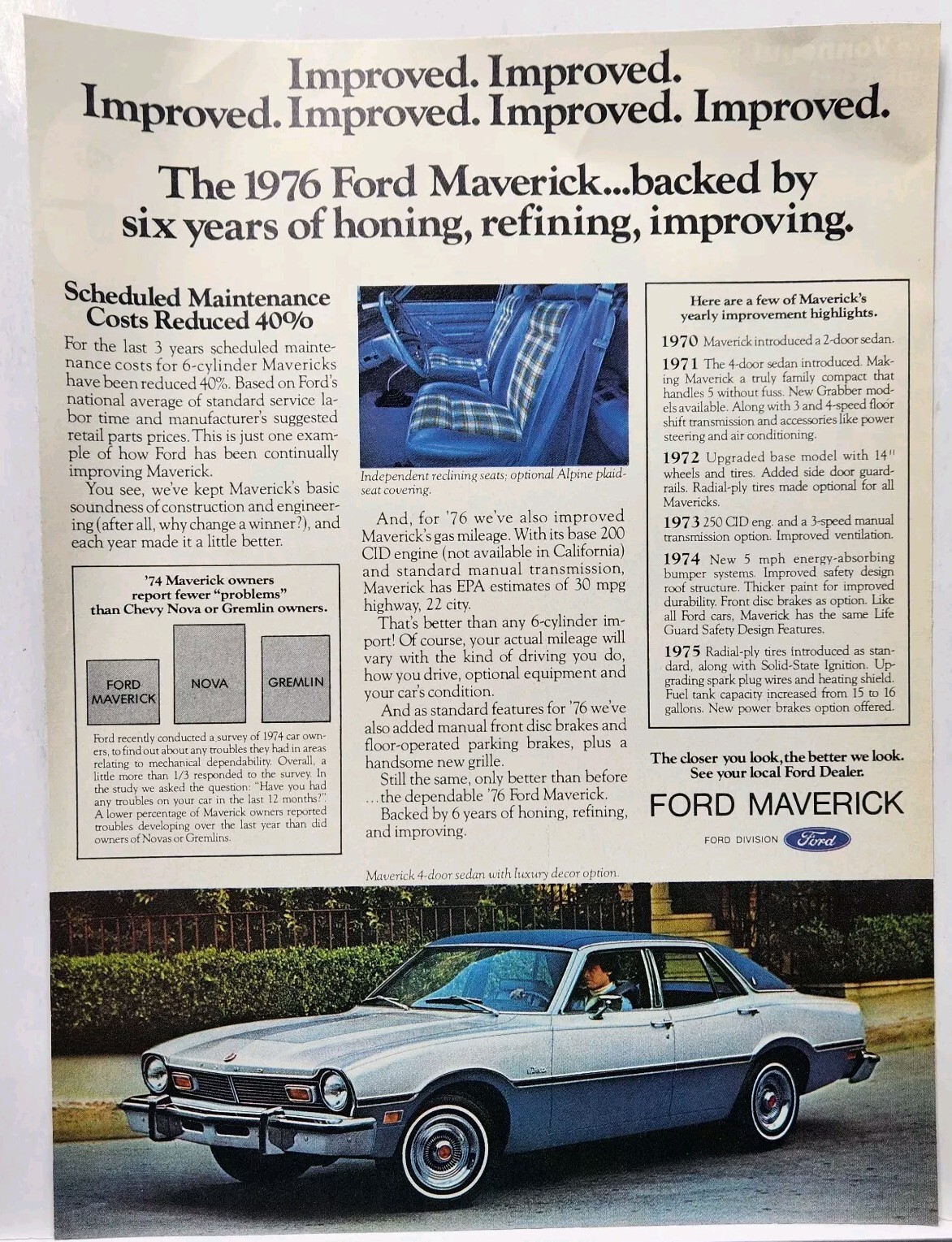 1976 Ford Maverick Sedan Silver Original Retro Print Ad 70s