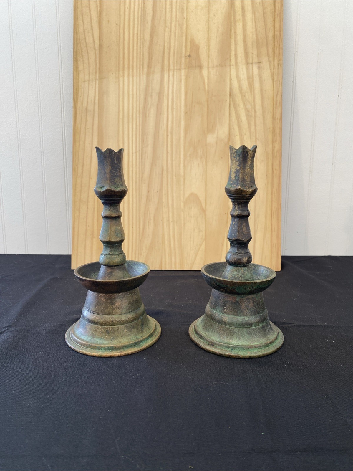 Antique Ottoman Persian Bronze Brass Tulip Candlestick Holders