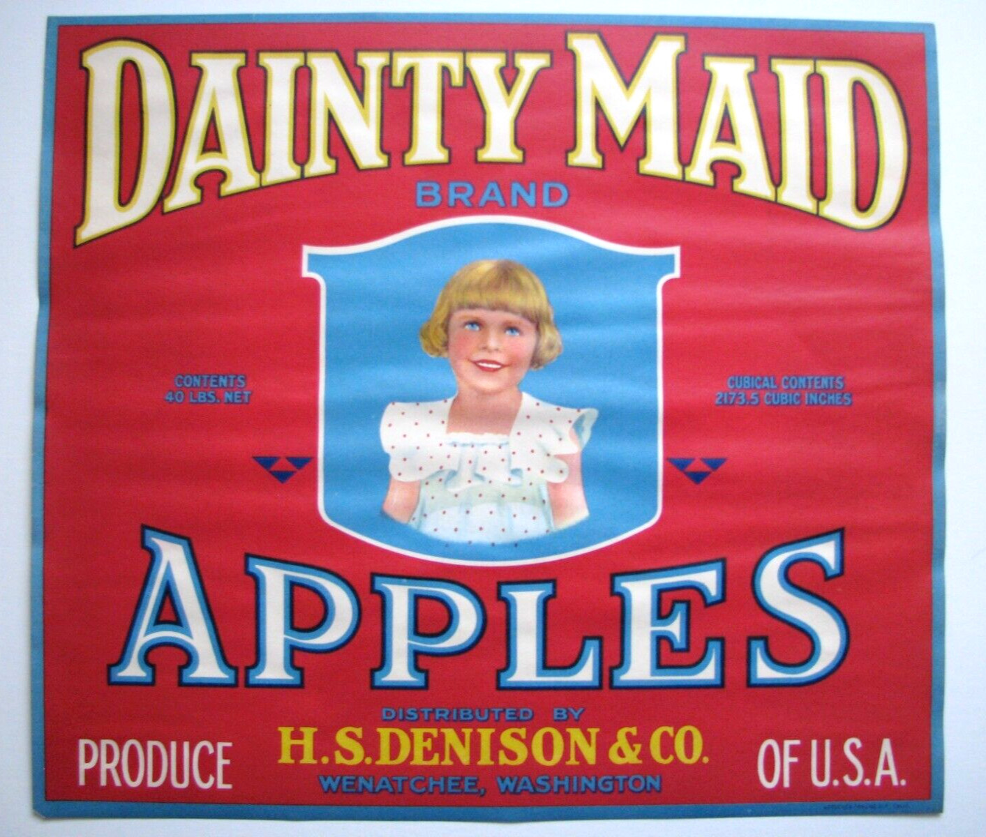 Original 1930s bordered red DAINTY MAID apple crate label  Wenatchee polka dot