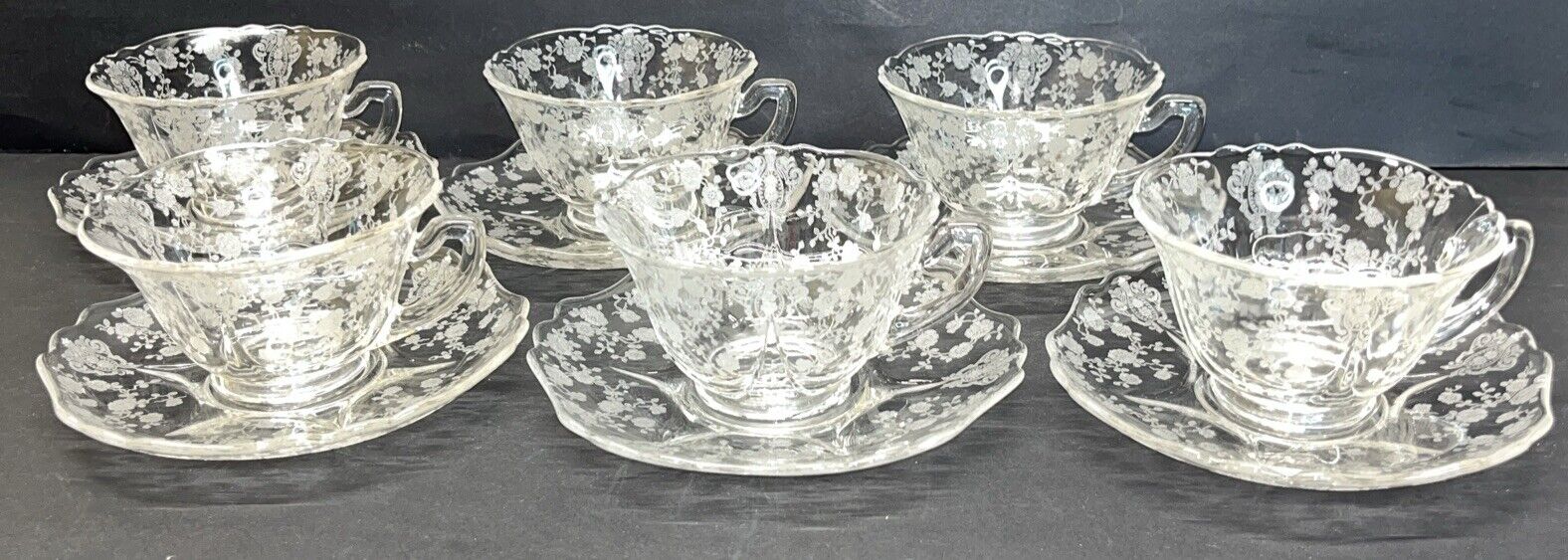 Six Cambridge Glass Rose Point Cup and Saucer Sets Style 3500