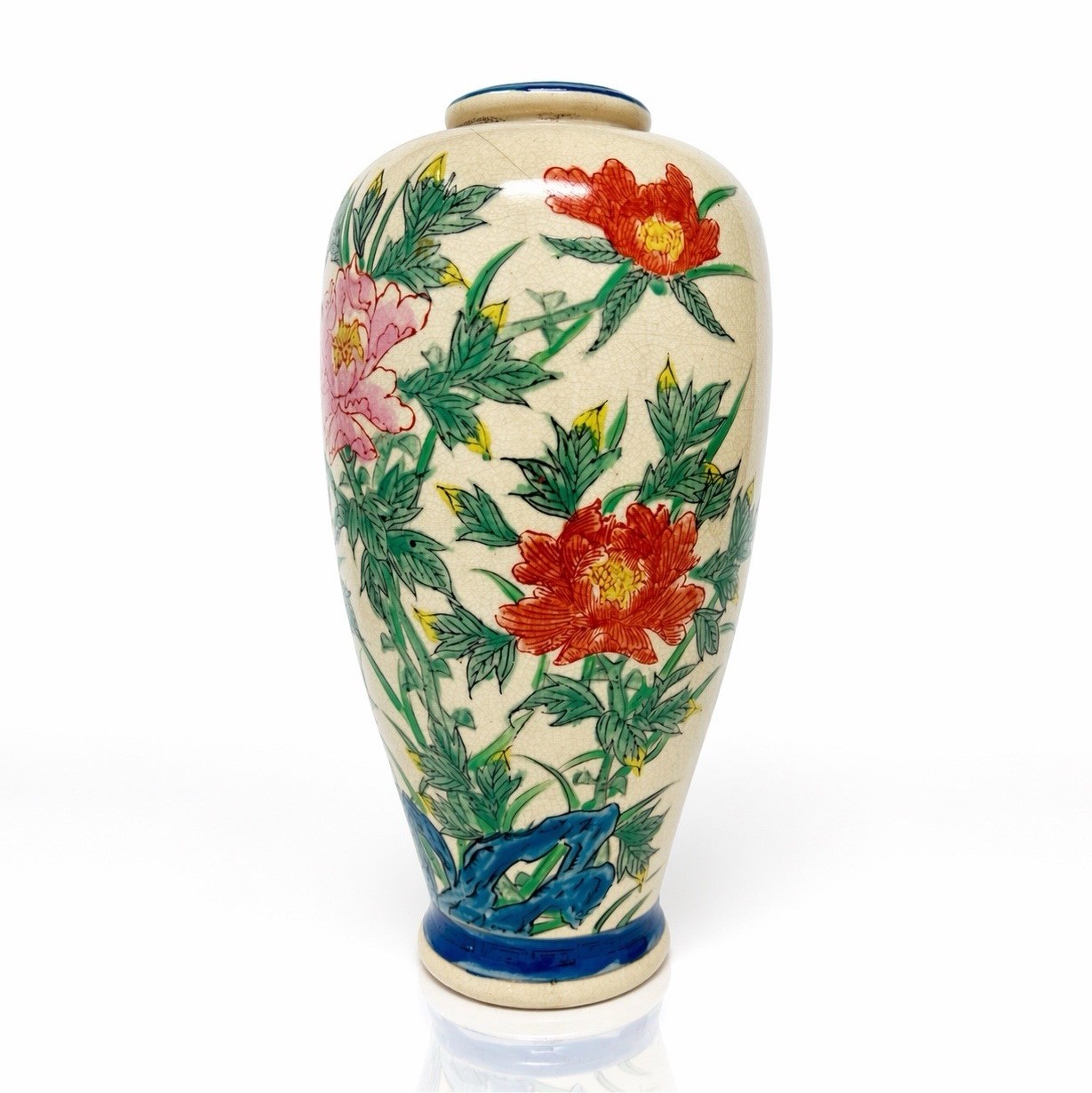 Vintage Japanese Floral Crackle Glaze Ceramic Hand Painted