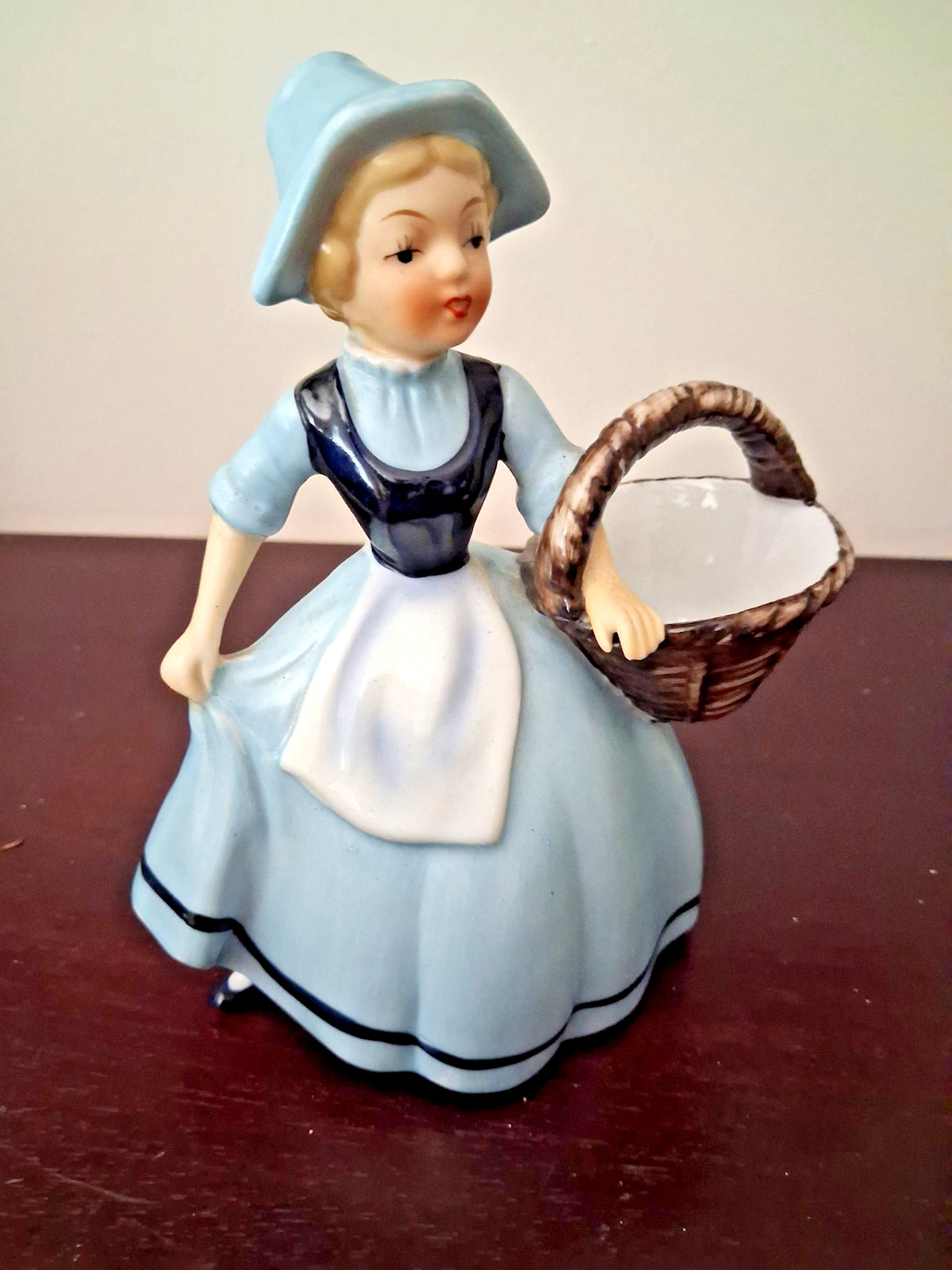 Vintage Lefton China Blue Dutch Girl Planter Vase Figurine Basket Hand-Painted