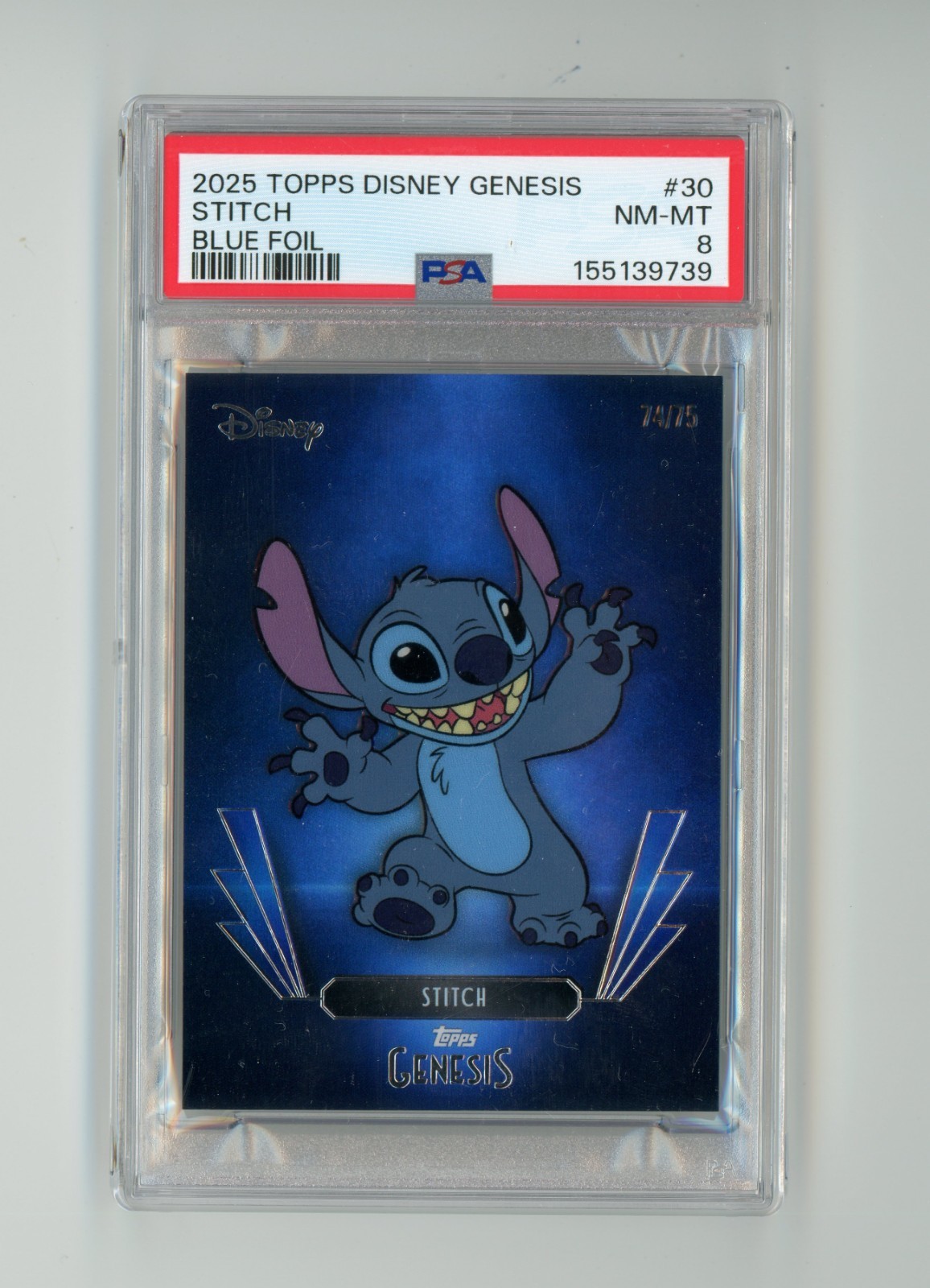 2025 Topps Disney Genesis Stitch #30 Blue Foil /75 PSA 8 NM-MT
