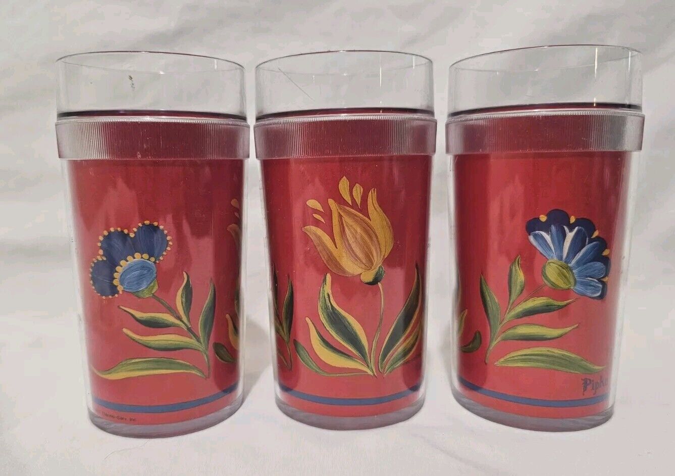 Vintage Set of 3 St Tropez Plastic Cups Floral Thermo Serv Made in USA ~ 5 3/4