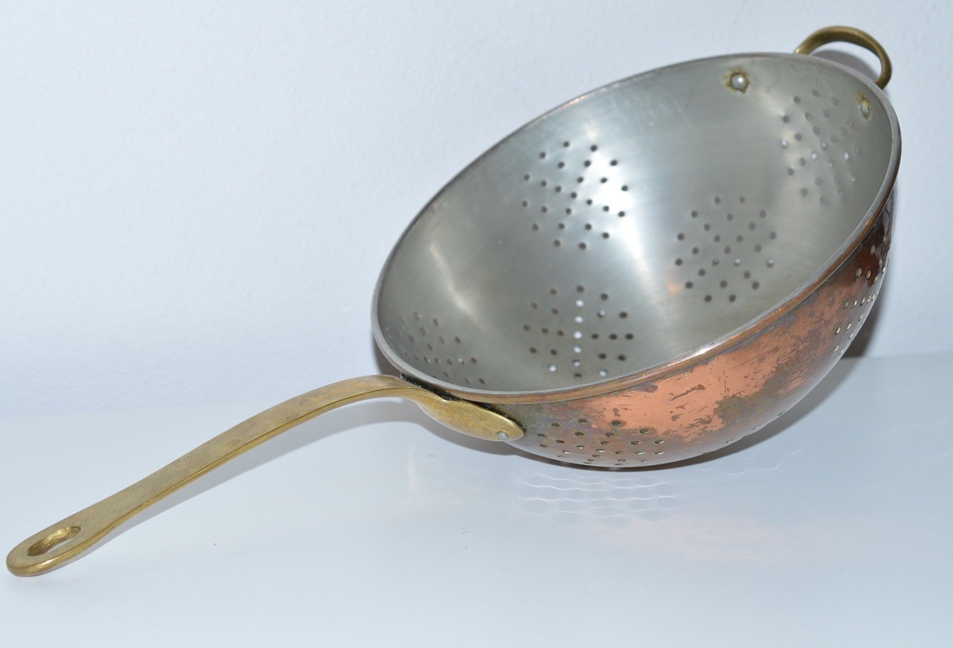 Small Vintage Copper Colander with Iron Handle Rustic Country Farmhouse 9”