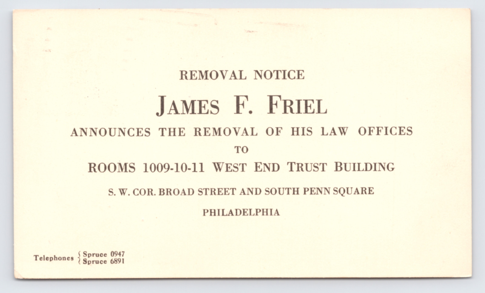 1923 James F Friel Postal Card Philadelphia PA West End Trust Law Office Move 1923 James F Friel Postal Card Philadelphia PA West End Trust Law Office Move