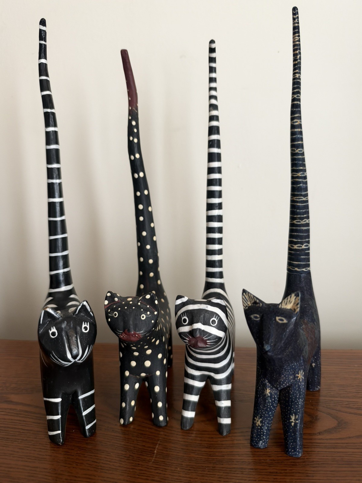 Vtg Hand Carved Bali Wood Long Tail Cat Figurines Set of 4 Folk Art Decor 