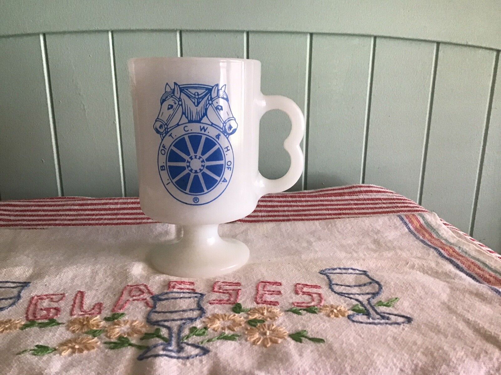 Vintage Teamsters Local 89 50th Anniversary 5” Tall Milk Glass Coffee Mug