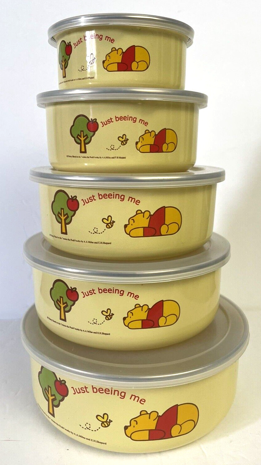Disney Winnie the Pooh design A set of 5 Enamel Bowl Dish containers w/ lids PO
