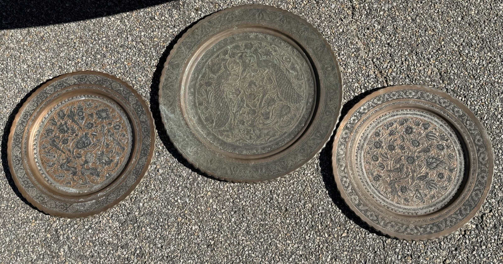 Vintage Persian Hand HammeredCopper Tinned Wall Hanging Bird Plate( Three Plates