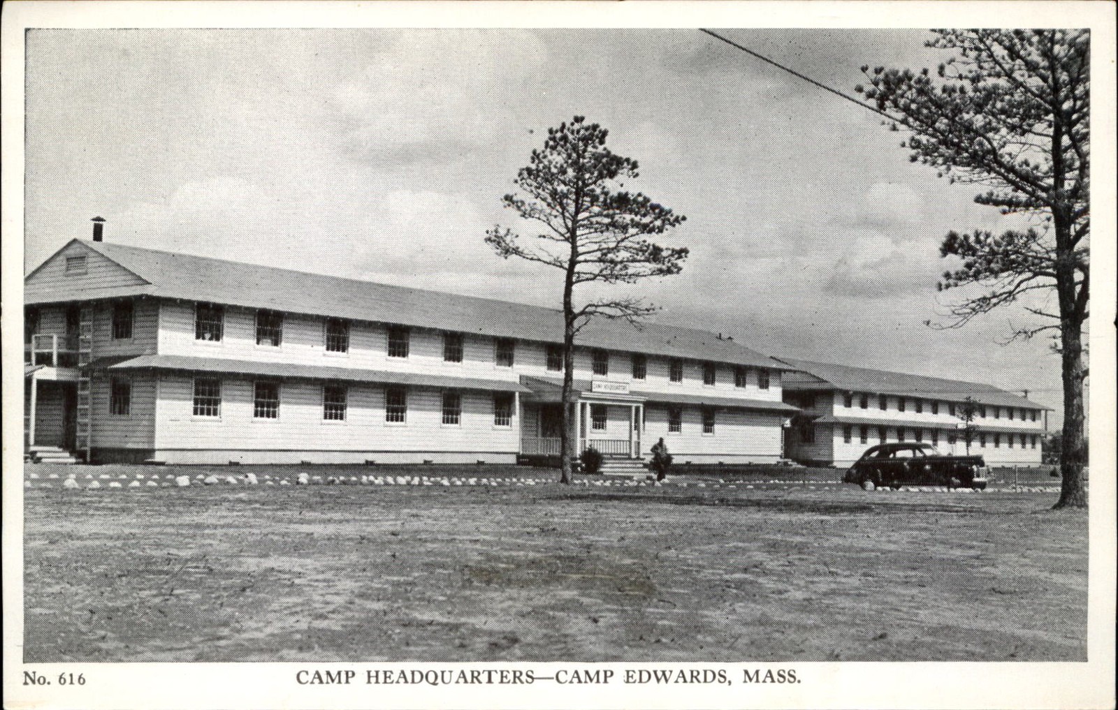 Camp Edwards Massachusetts ~ WWII Pvt Dewayne Delo ~ 1930-40s car ~ postcard