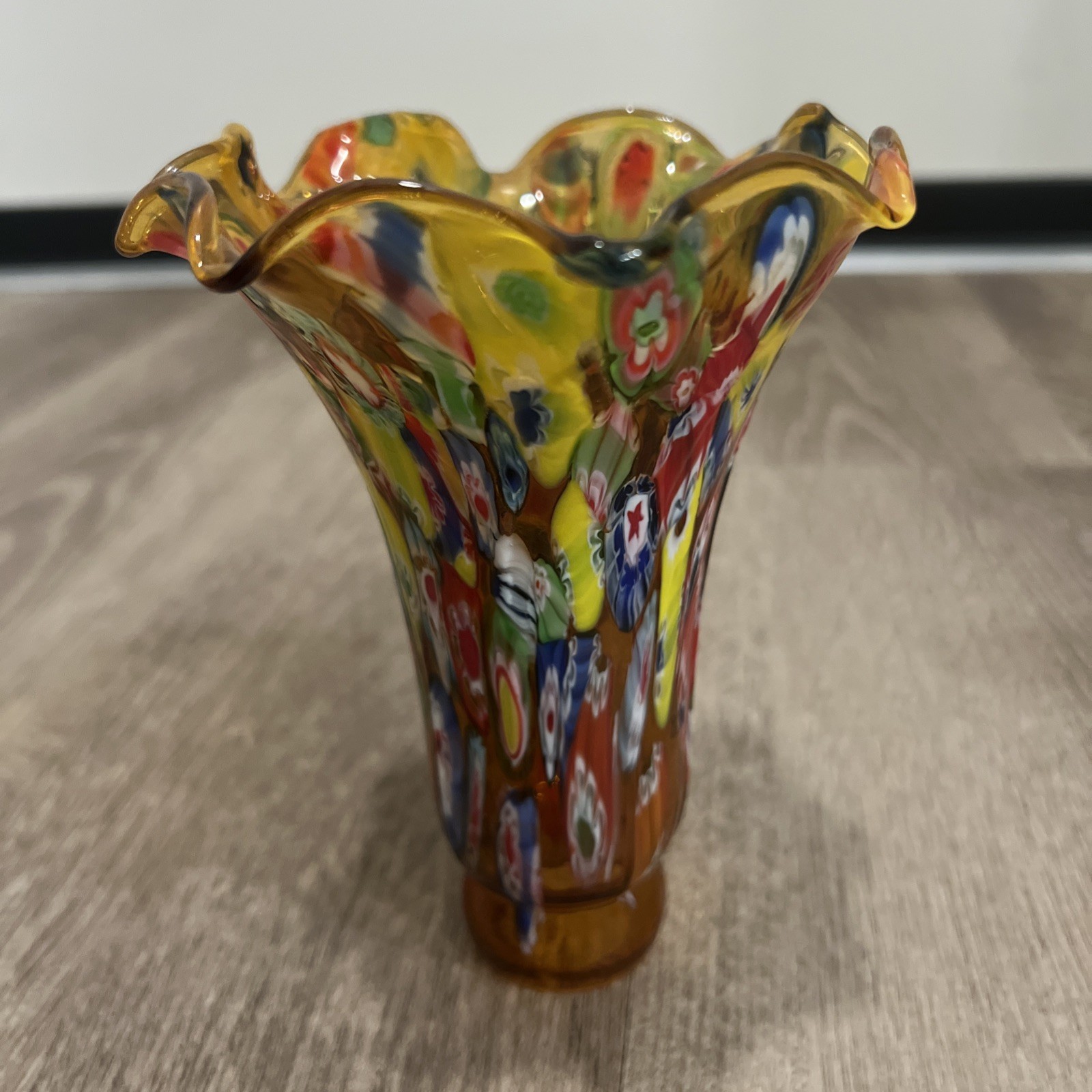 Murano Style Millefiori Handkerchief Vase Amber Art Glass 6\