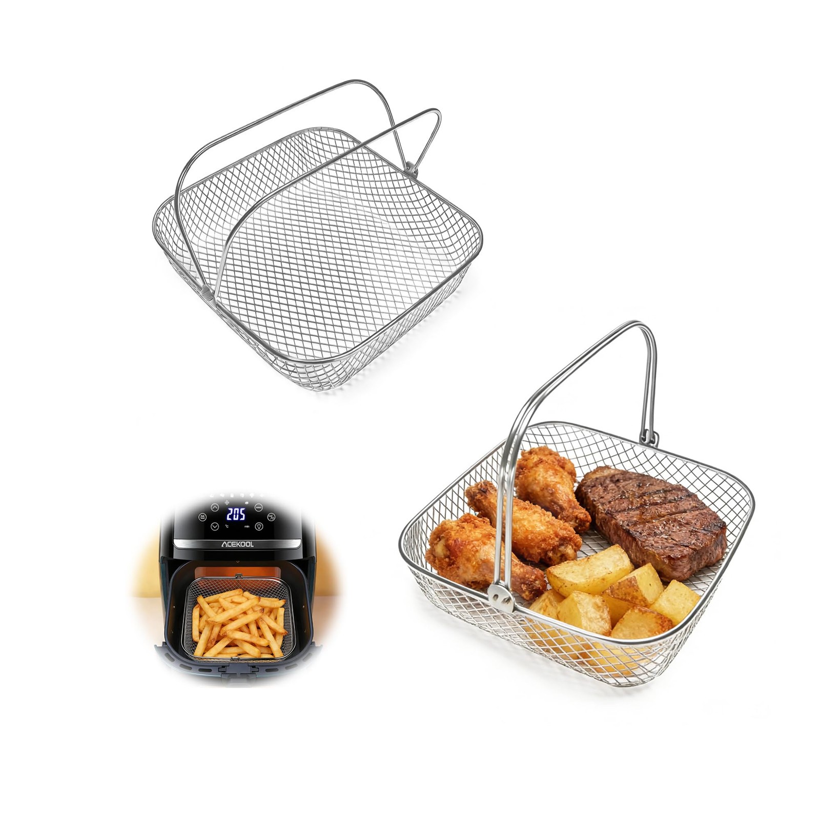 2 PACK Air Fryer Baskets, 8QT Air Fryer Replacement Basket with Handle, 304 S...
