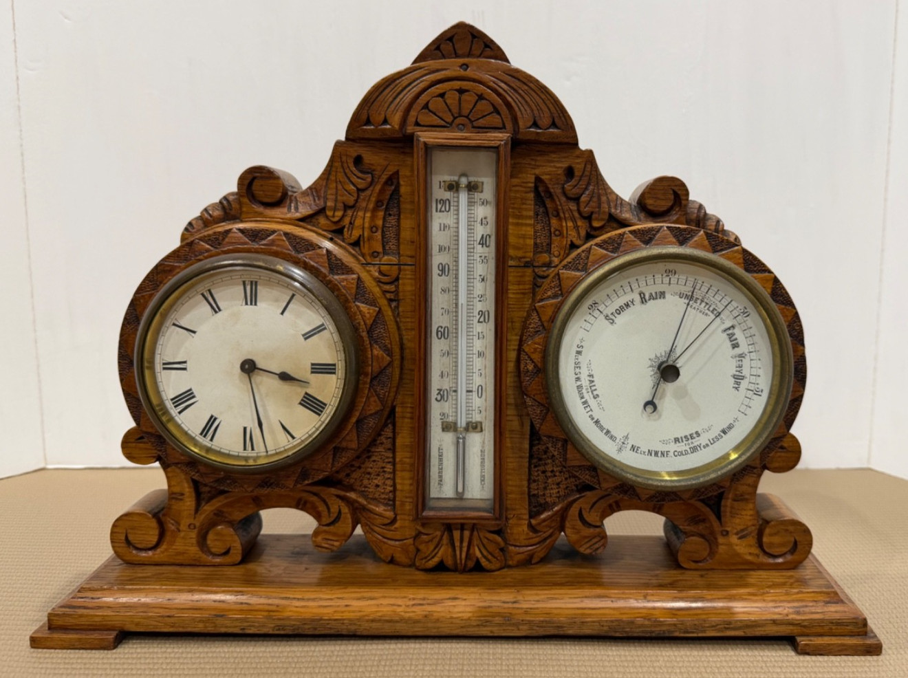 Antique English Deeply Carved Weather Station Mantel Clock 8-Day Timepiece