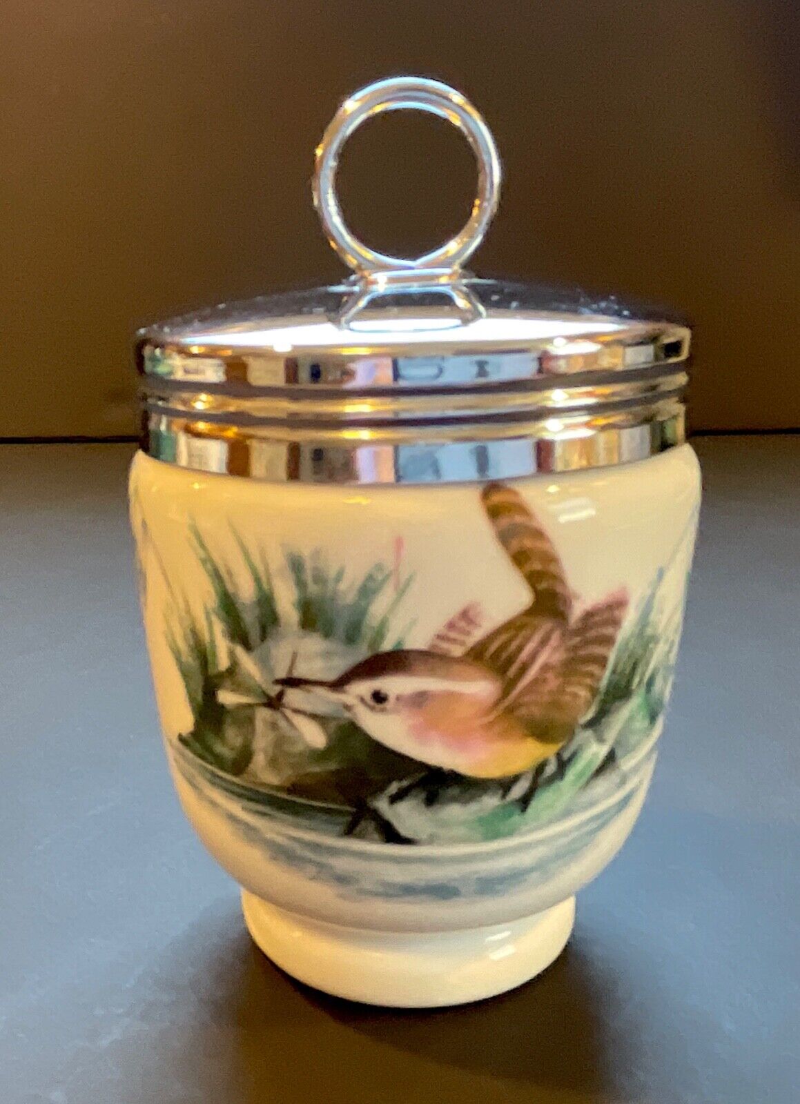 Vintage Royal Worcester Porcelain Double Egg Coddler Cup 4” Birds Wren Finch