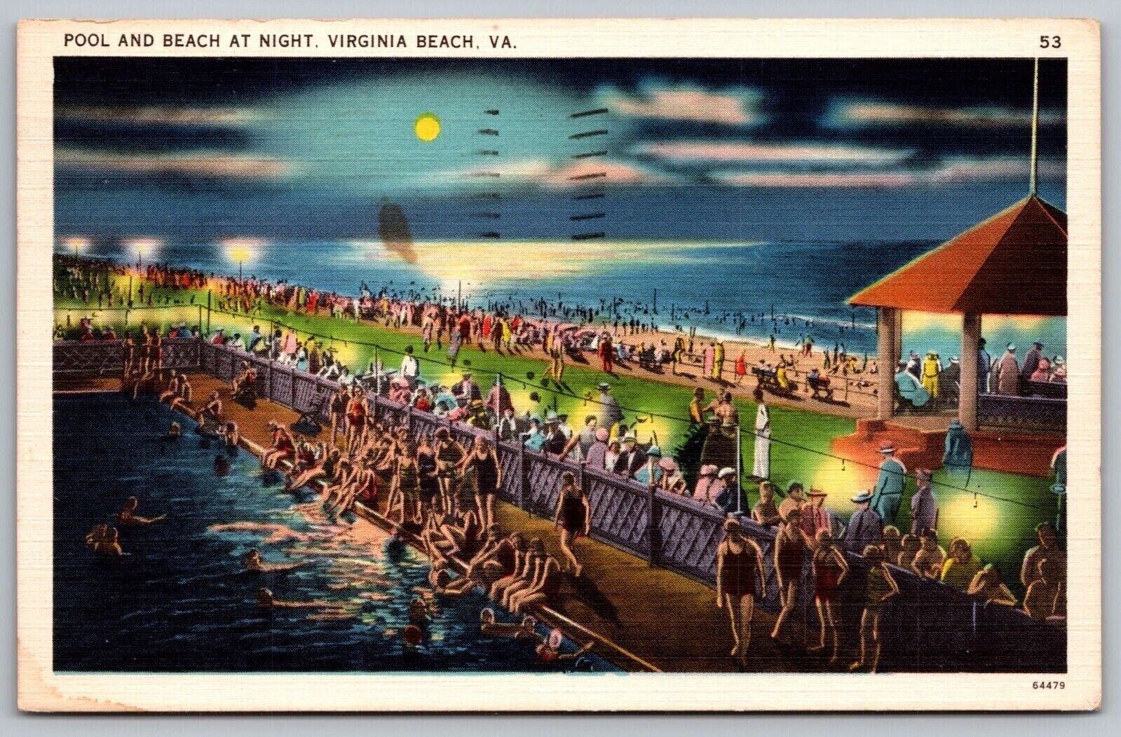 Pool Beach Night View Moonlight Virginia Waterfront Linen Shore Vintage Postcard