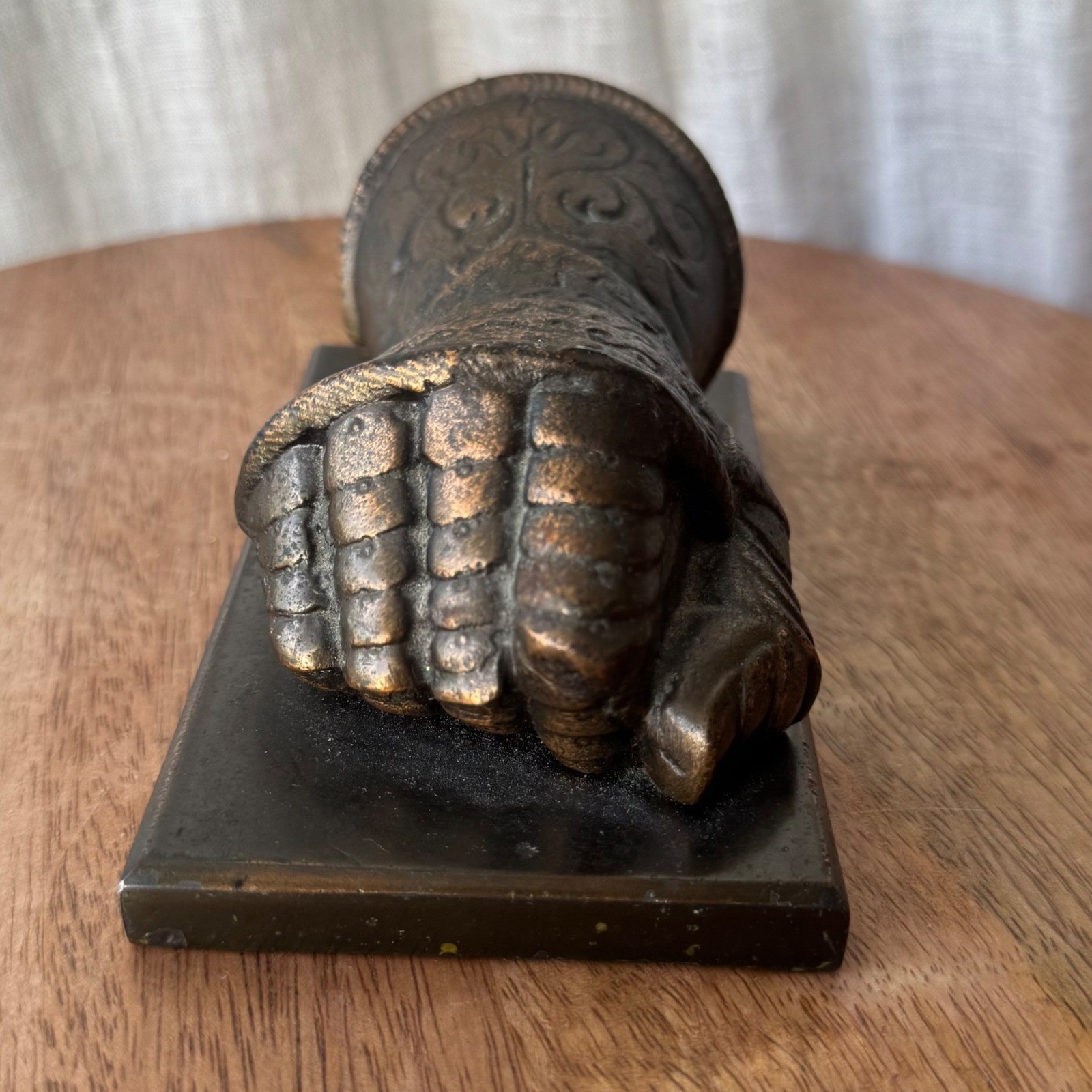 Vintage Bronze Knight Gauntlet Clenched Fist Statue Paperweight Scroll Etched