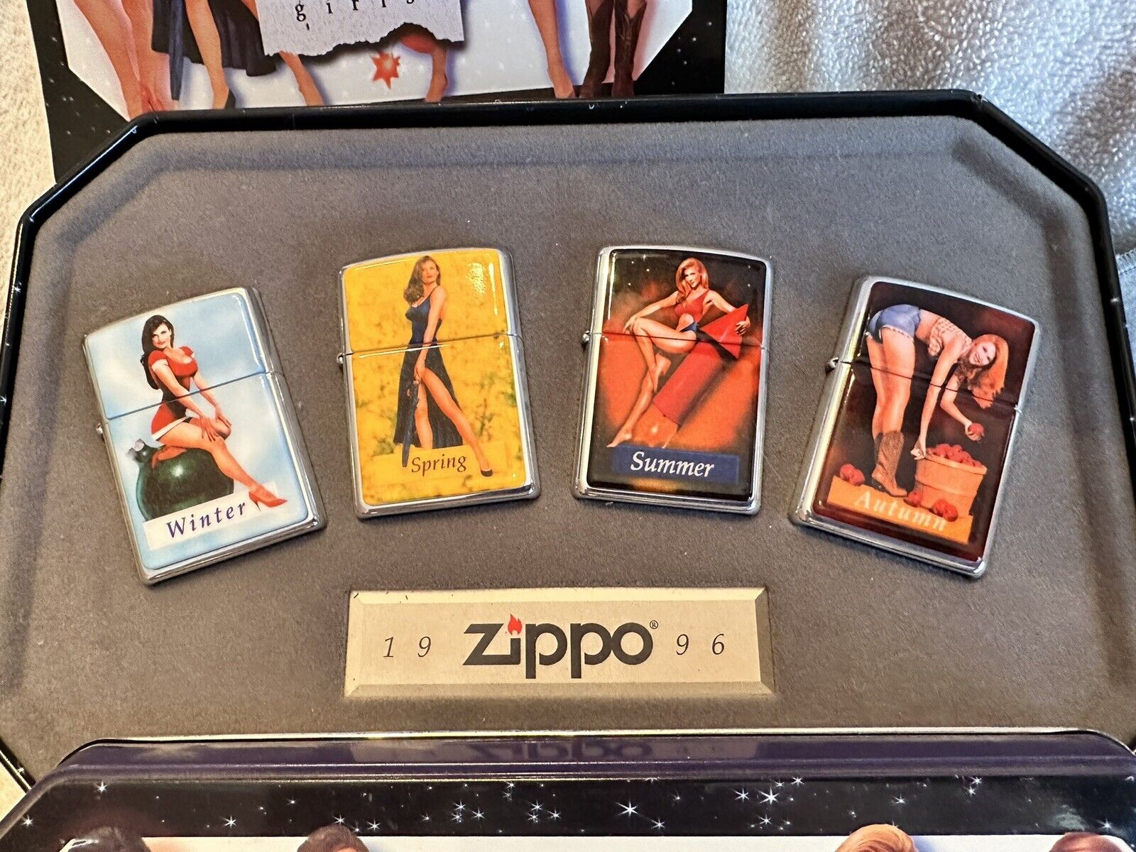 Vintage 1996 Zippo Salutes Pinup Girls Four Seasons HP Chrome Zippo Lighter Set