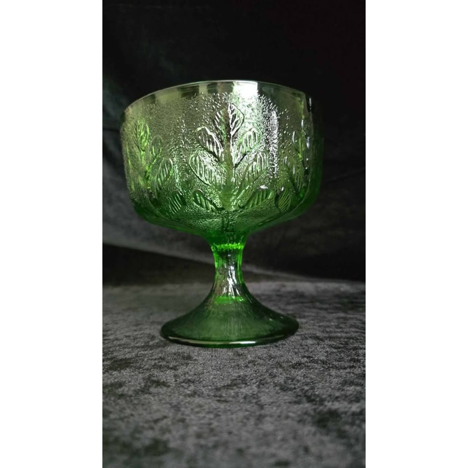 Vintage FTD Green Glass Compote Vase 1978 Oak Leaf Pattern Textured Pedestal