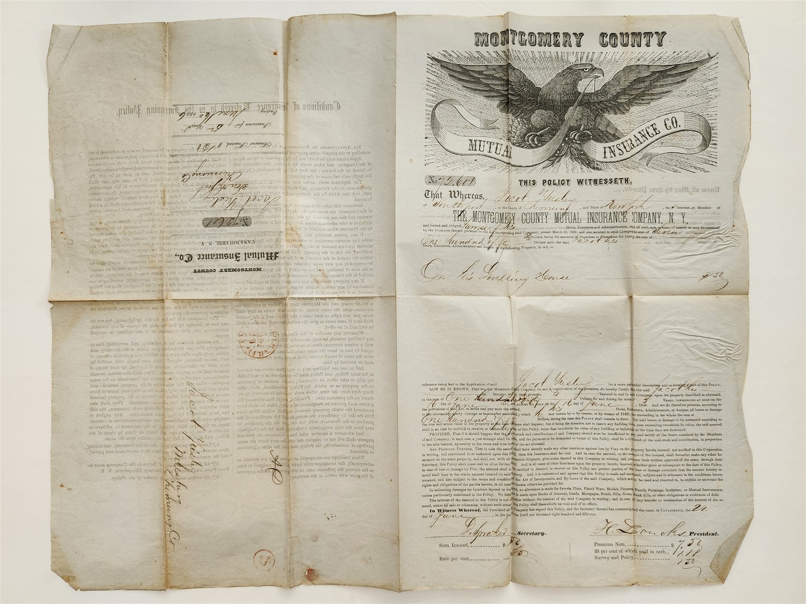 1853 antique JACOB GEISLEY chenango ny DWELLING HOUSE INSURANCE POLICY